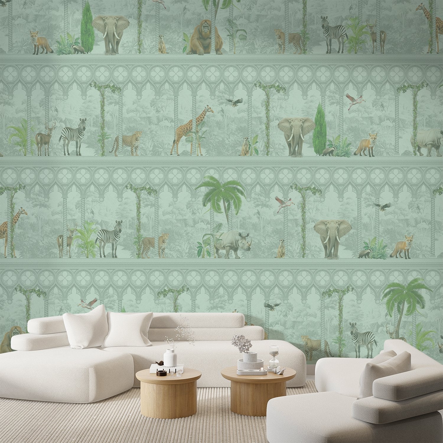 Repeating rows of safari animals and palm trees in gray architectural frames with tropical accents - view 10 - final