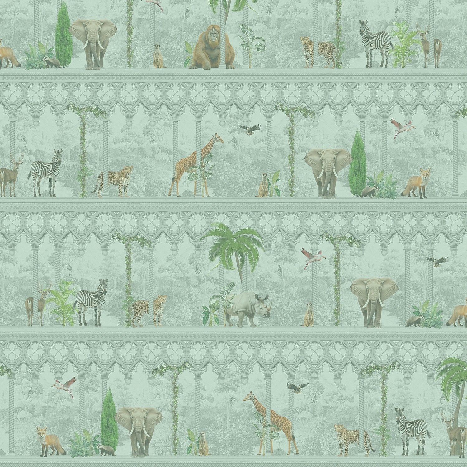 Repeating rows of safari animals and palm trees in gray architectural frames with tropical accents - view 11 - final