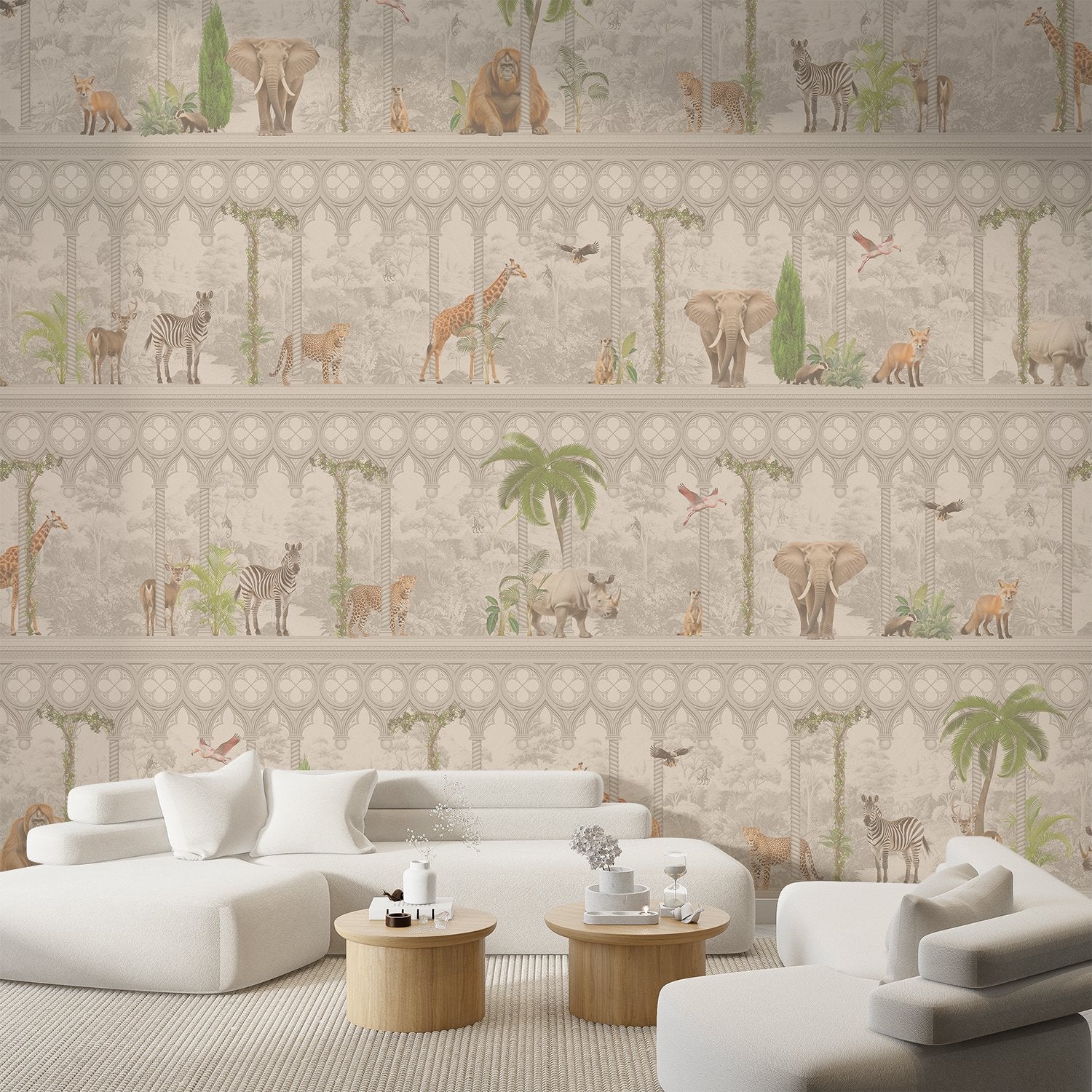 Repeating rows of safari animals and palm trees in gray architectural frames with tropical accents - view 14 - final