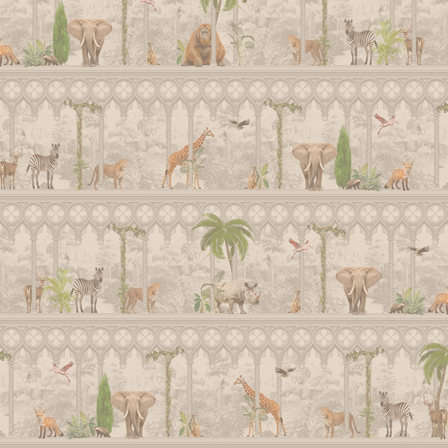 Repeating rows of safari animals and palm trees in gray architectural frames with tropical accents - view 15 - final