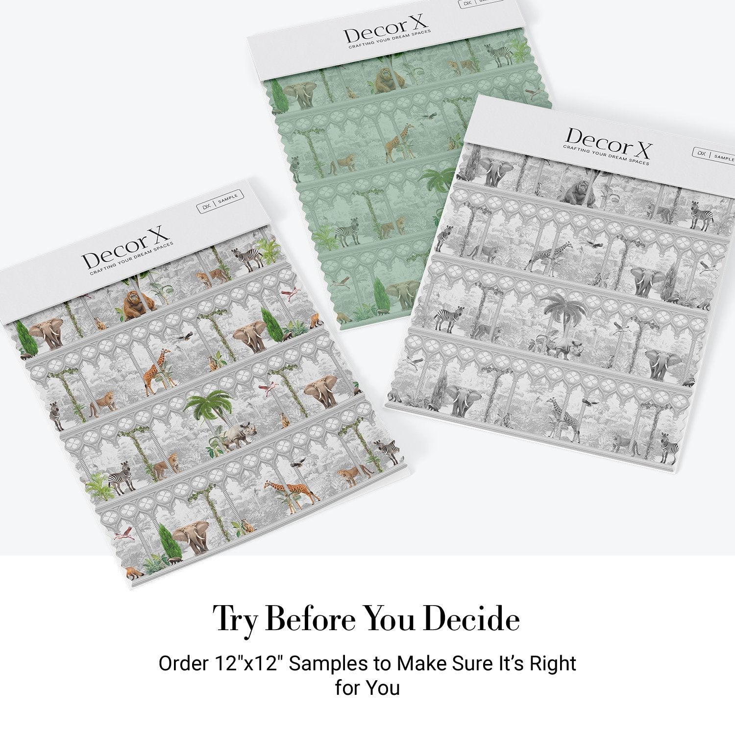 Repeating rows of safari animals and palm trees in gray architectural frames with tropical accents - view 18 - final all-groups samples