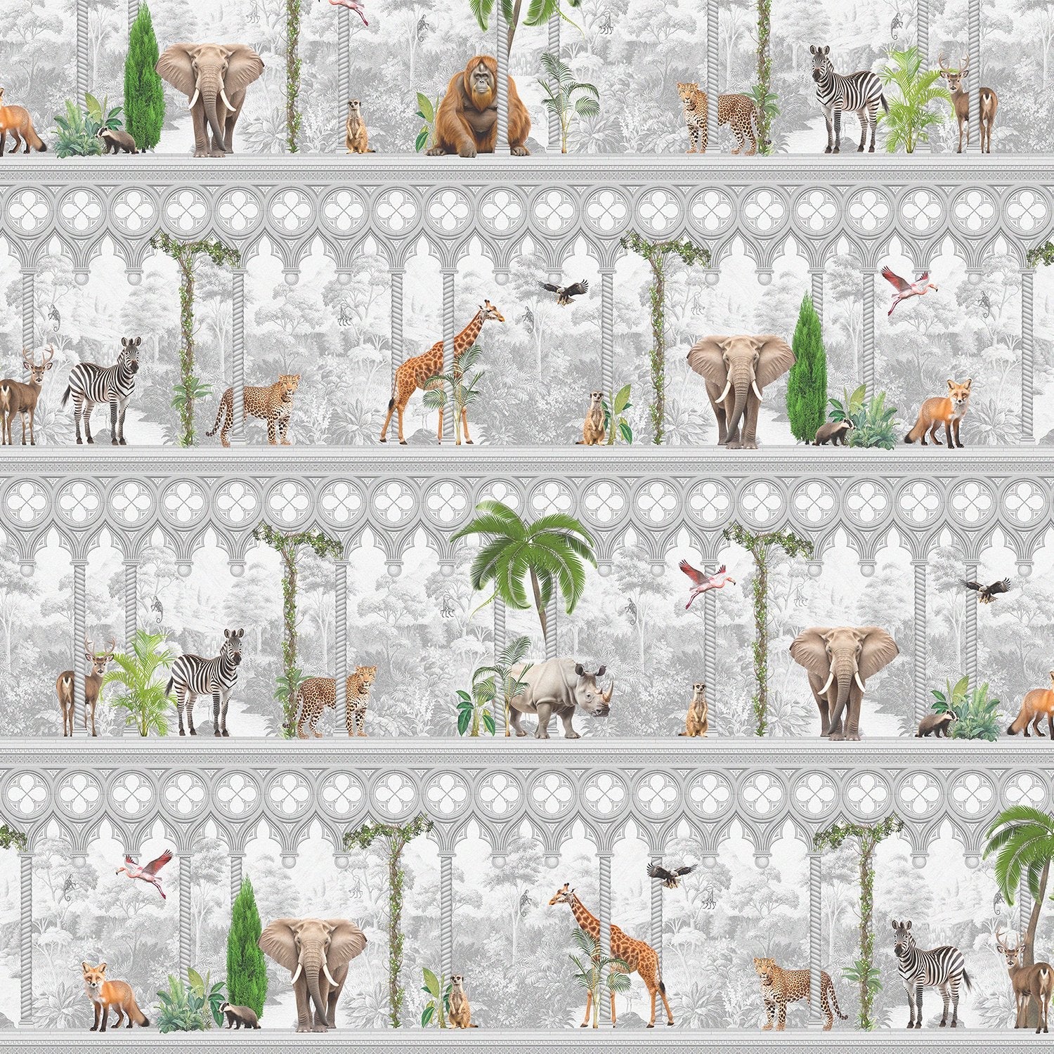 Repeating rows of safari animals and palm trees in gray architectural frames with tropical accents - view 2 - final