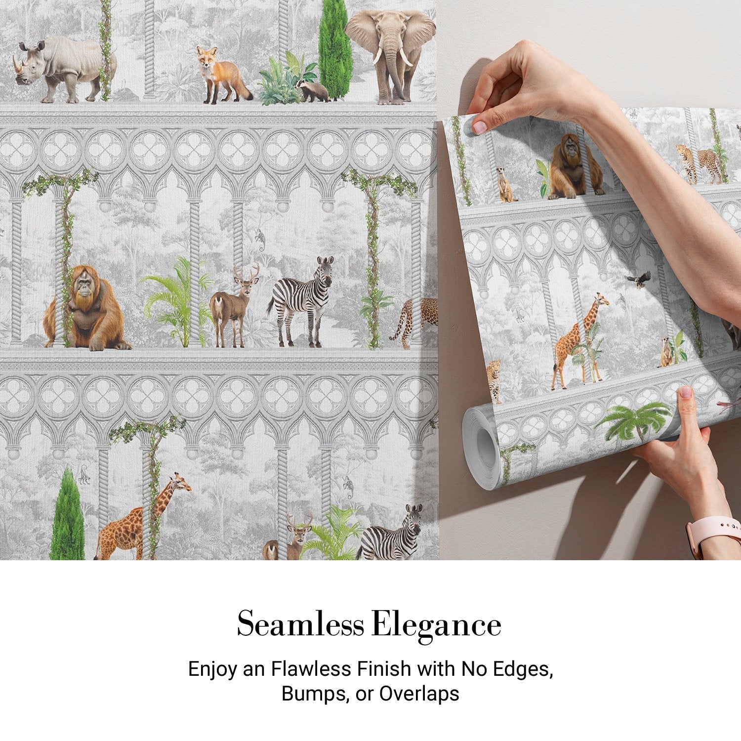 Repeating rows of safari animals and palm trees in gray architectural frames with tropical accents - view 3 - final