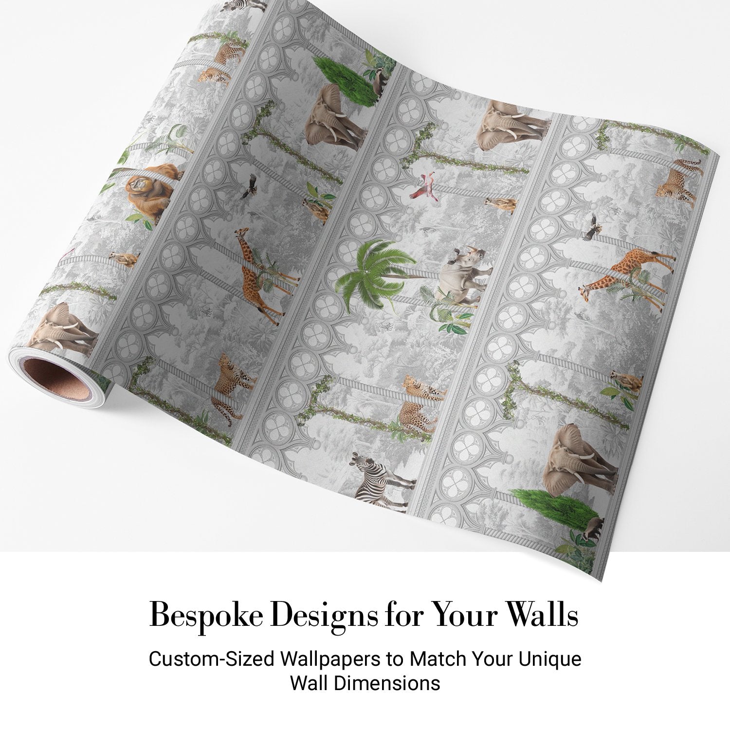 Repeating rows of safari animals and palm trees in gray architectural frames with tropical accents - view 4 - final