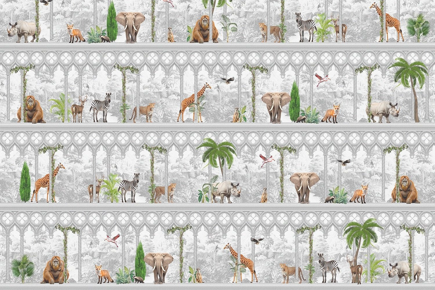 "Tropical wildlife safari oasis lea - tropical wallpaper mural-inequal final"