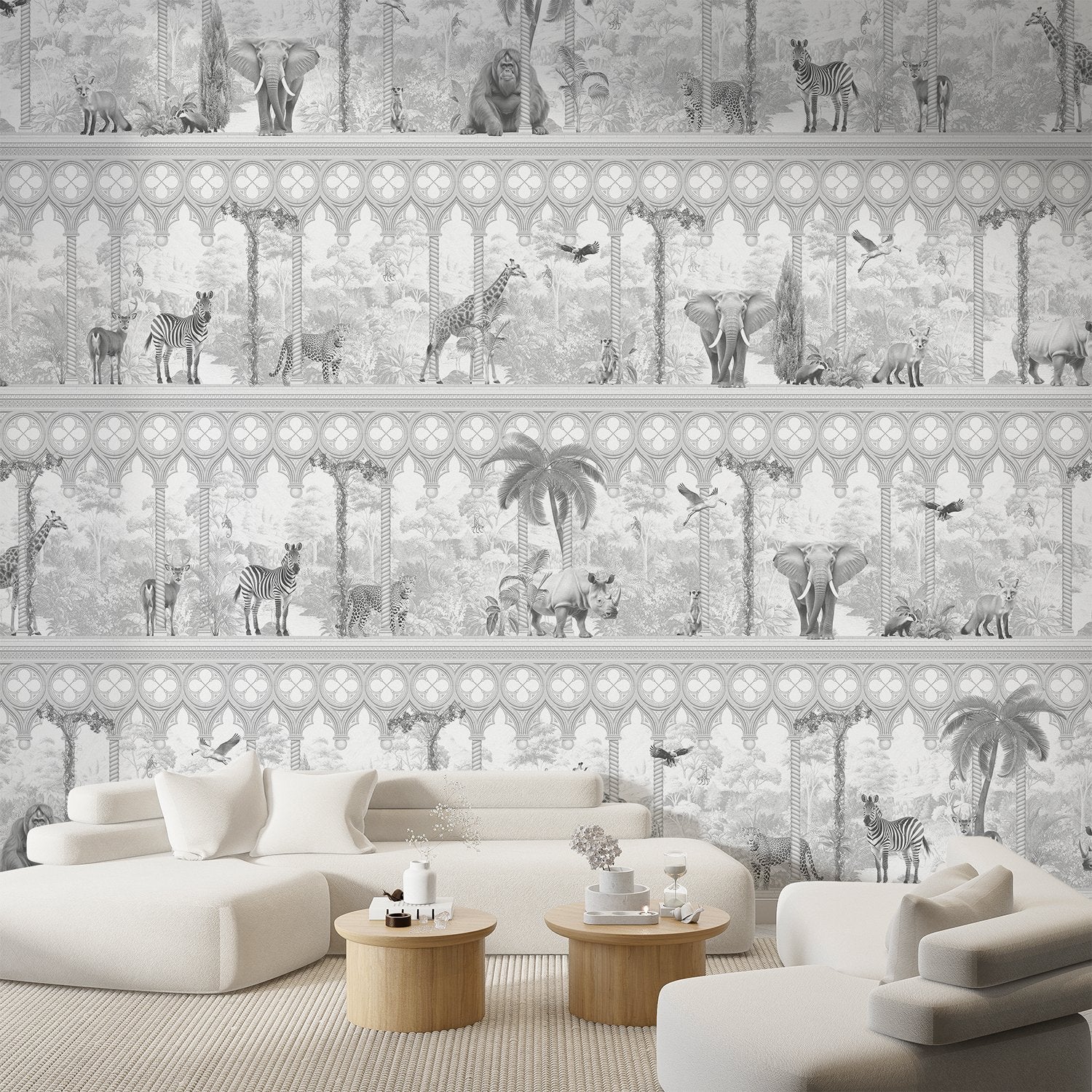 Repeating rows of safari animals and palm trees in gray architectural frames with tropical accents - view 7 - final