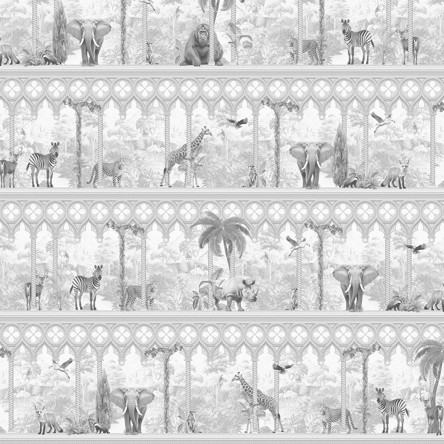 Repeating rows of safari animals and palm trees in gray architectural frames with tropical accents - view 8 - final