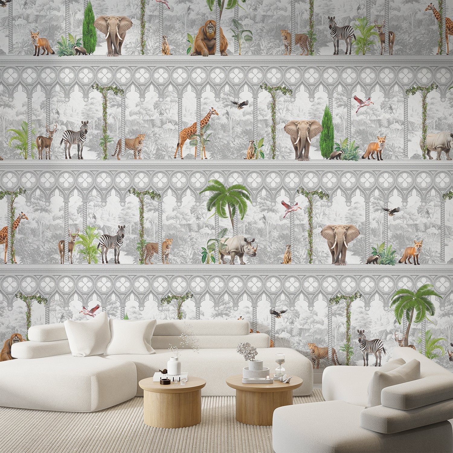 Repeating rows of safari animals and palm trees in gray architectural frames with tropical accents - final living-room