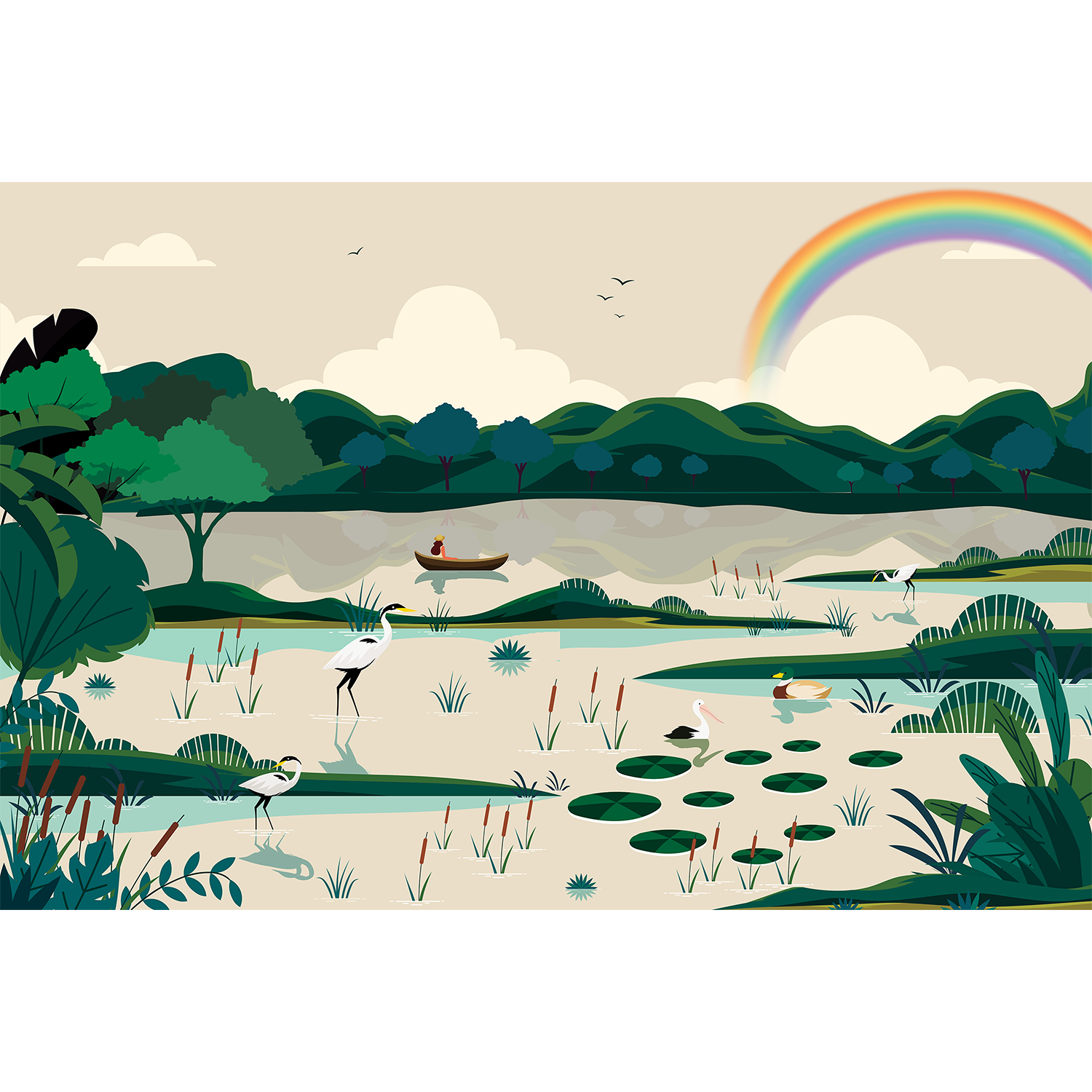 Scenic lakeside landscape in beige - "kids" wallpaper mural-equal final