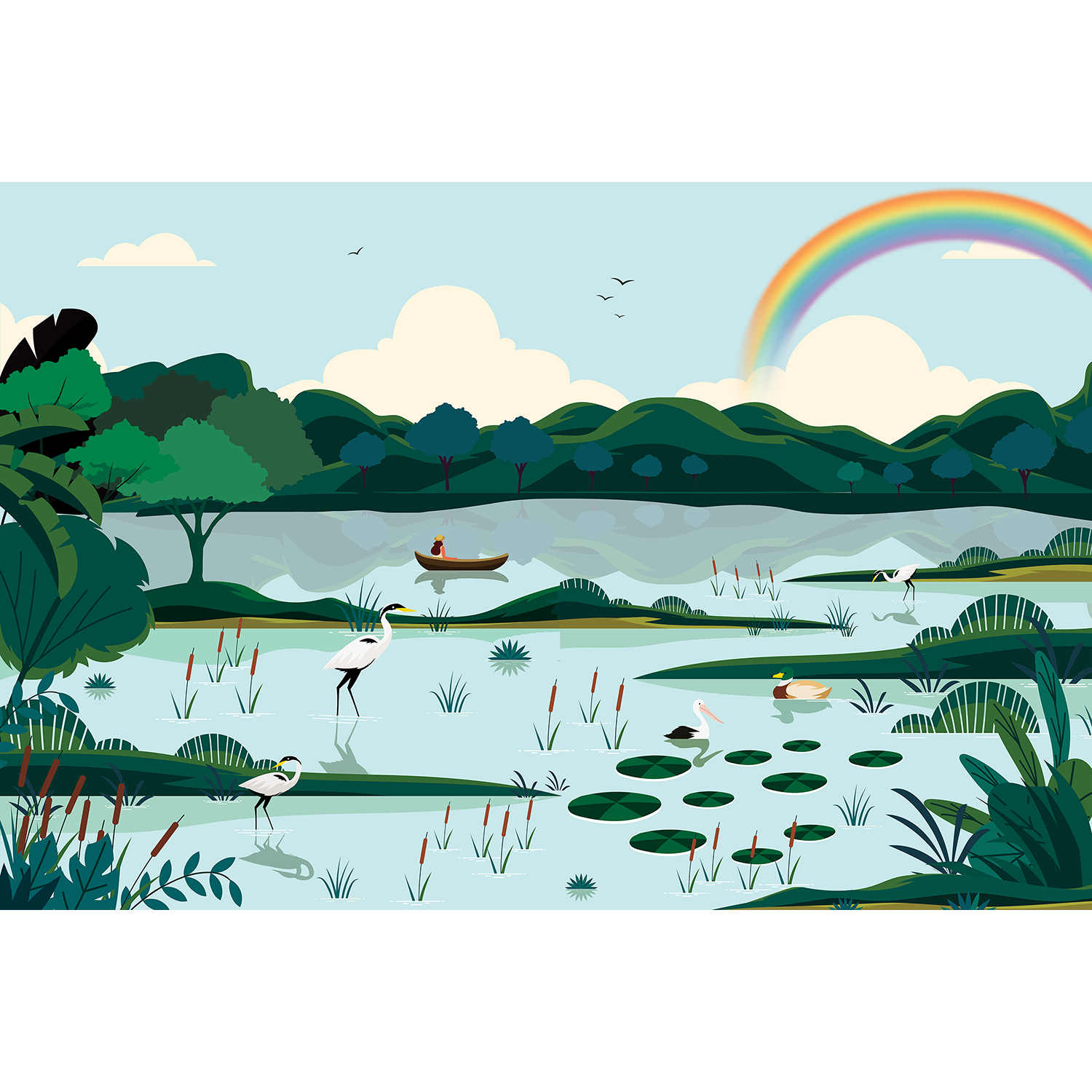 Scenic lakeside view in blue - kids wallpaper mural-equal final