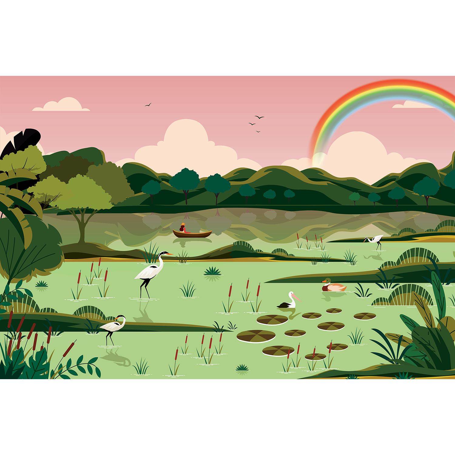 Scenic lakeside landscape in green - "kids" wallpaper mural-equal final