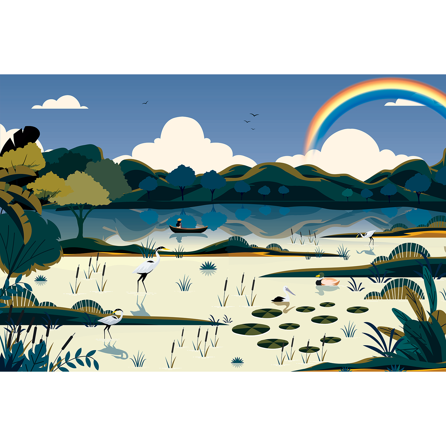 Scenic lakeside landscape in white - kids wallpaper mural-equal final