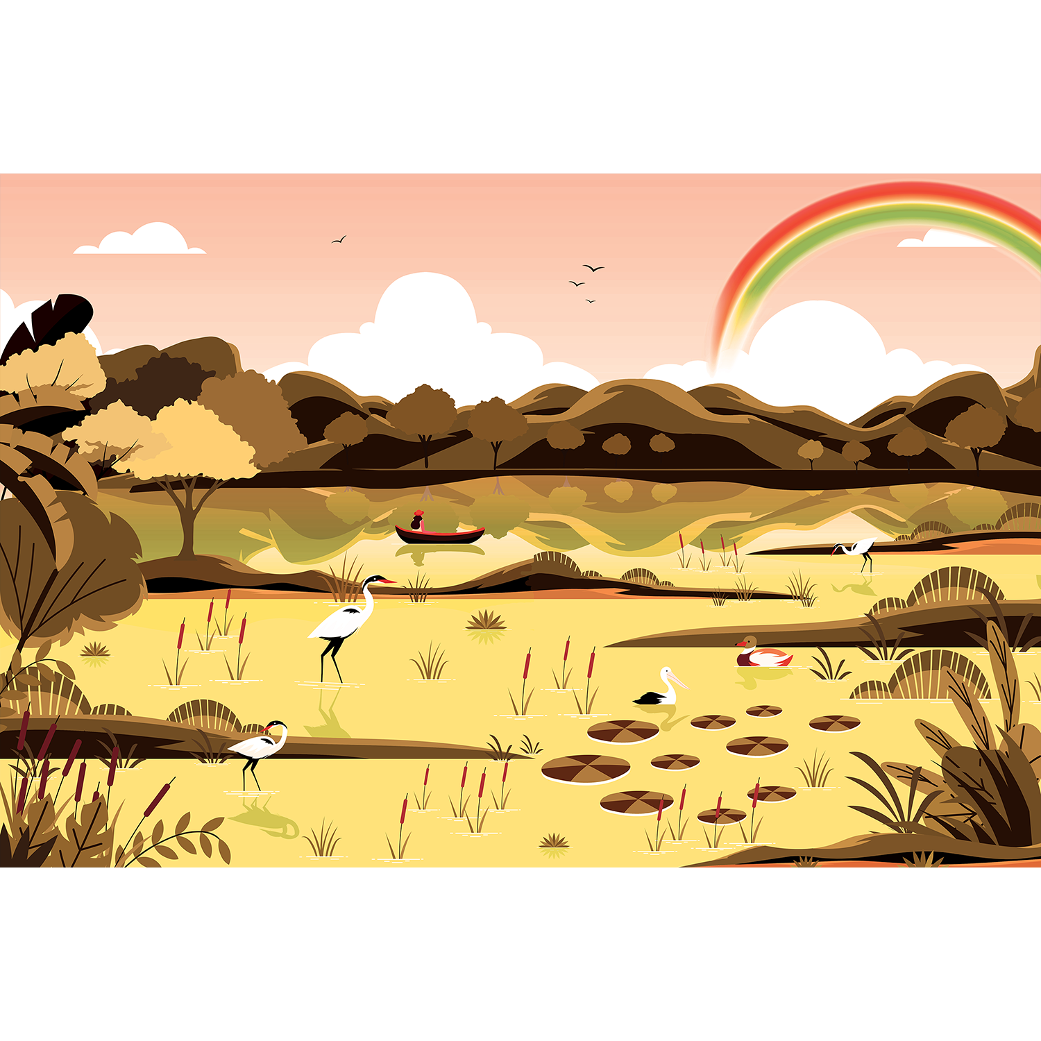 Scenic lakeside landscape in yellow - kids wallpaper mural-equal final