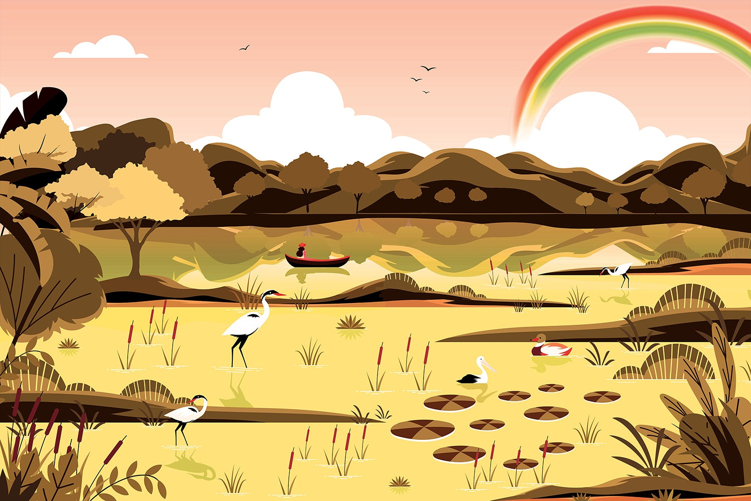 Scenic lakeside landscape in yellow - "kids" wallpaper mural-inequal final