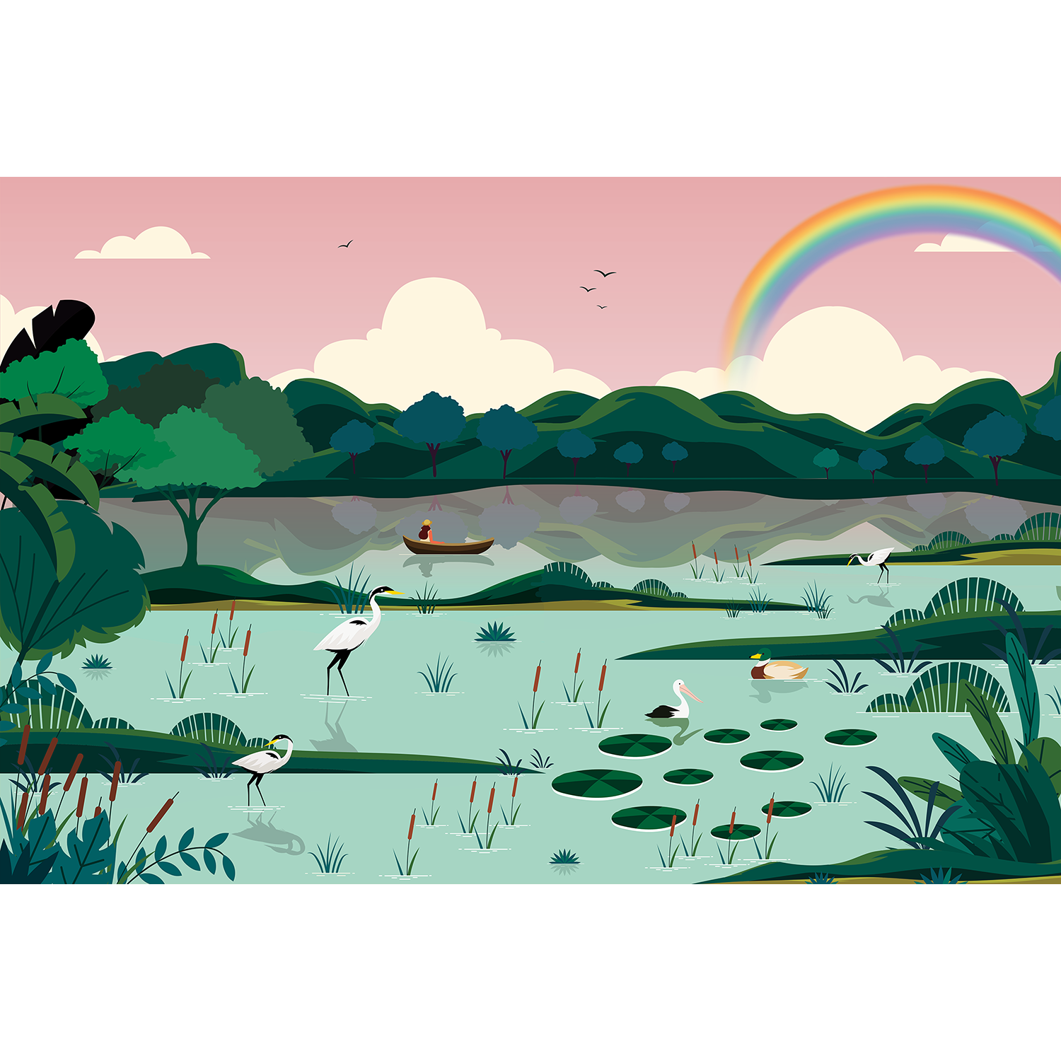 Scenic lakeside view in teal - "kids" wallpaper mural-equal final