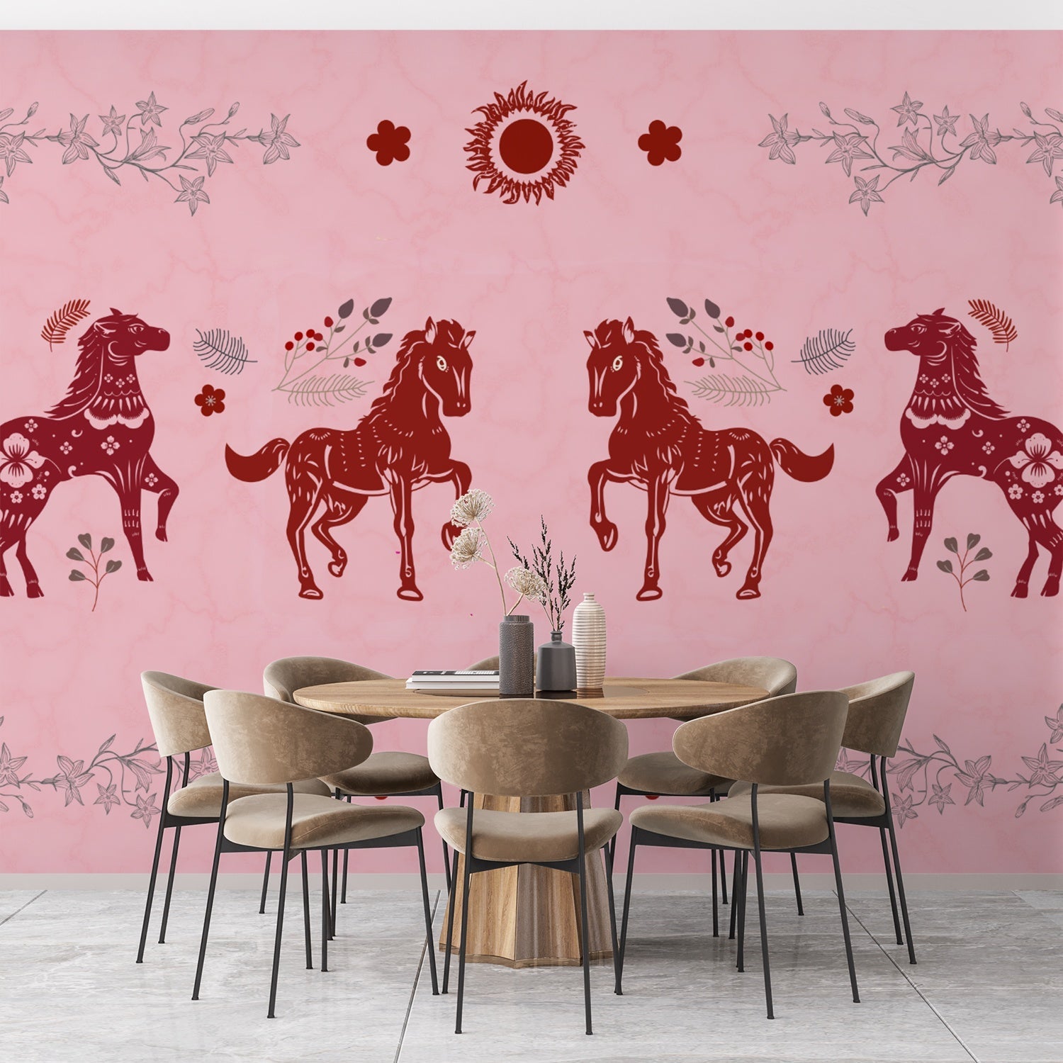 Symmetrical red horse silhouettes with decorative floral borders in traditional folk art style - view 10 - final