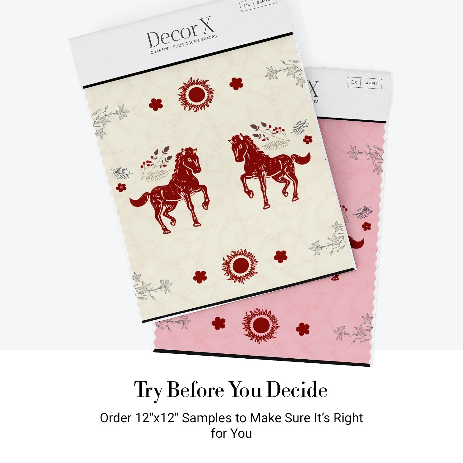 Symmetrical red horse silhouettes with decorative floral borders in traditional folk art style - view 13 - final all-groups samples