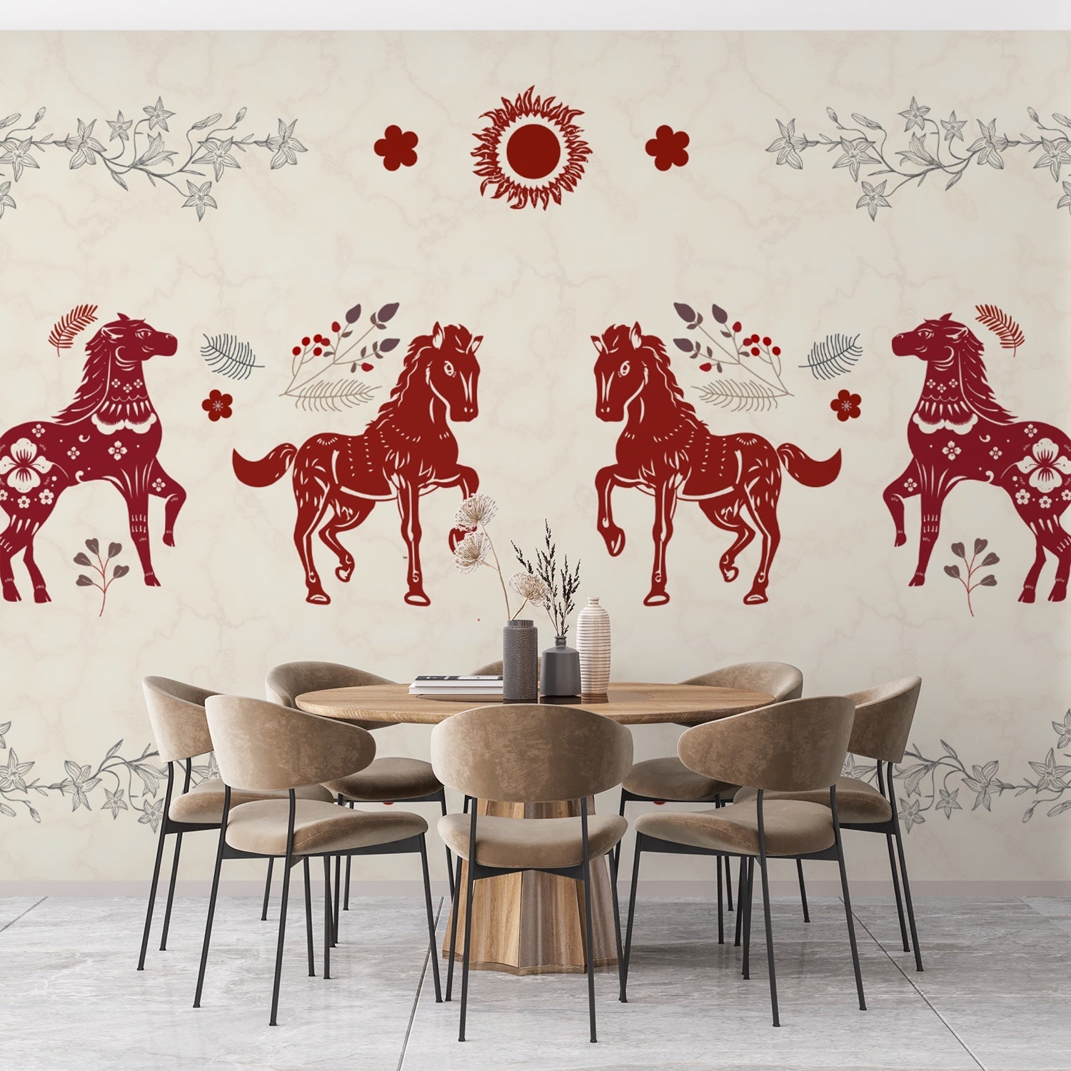 Symmetrical red horse silhouettes with decorative floral borders in traditional folk art style - view 3 - final dining-room