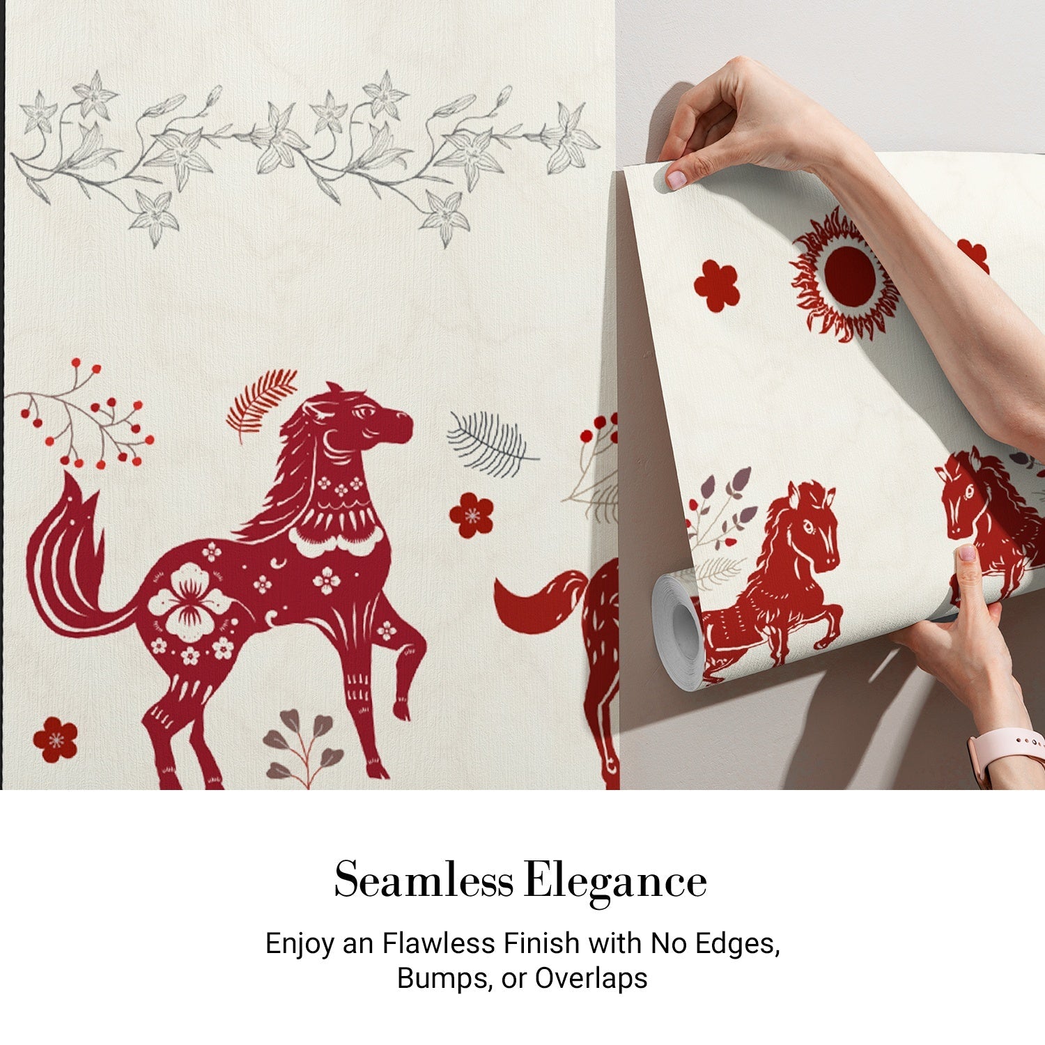 Symmetrical red horse silhouettes with decorative floral borders in traditional folk art style - view 4 - final