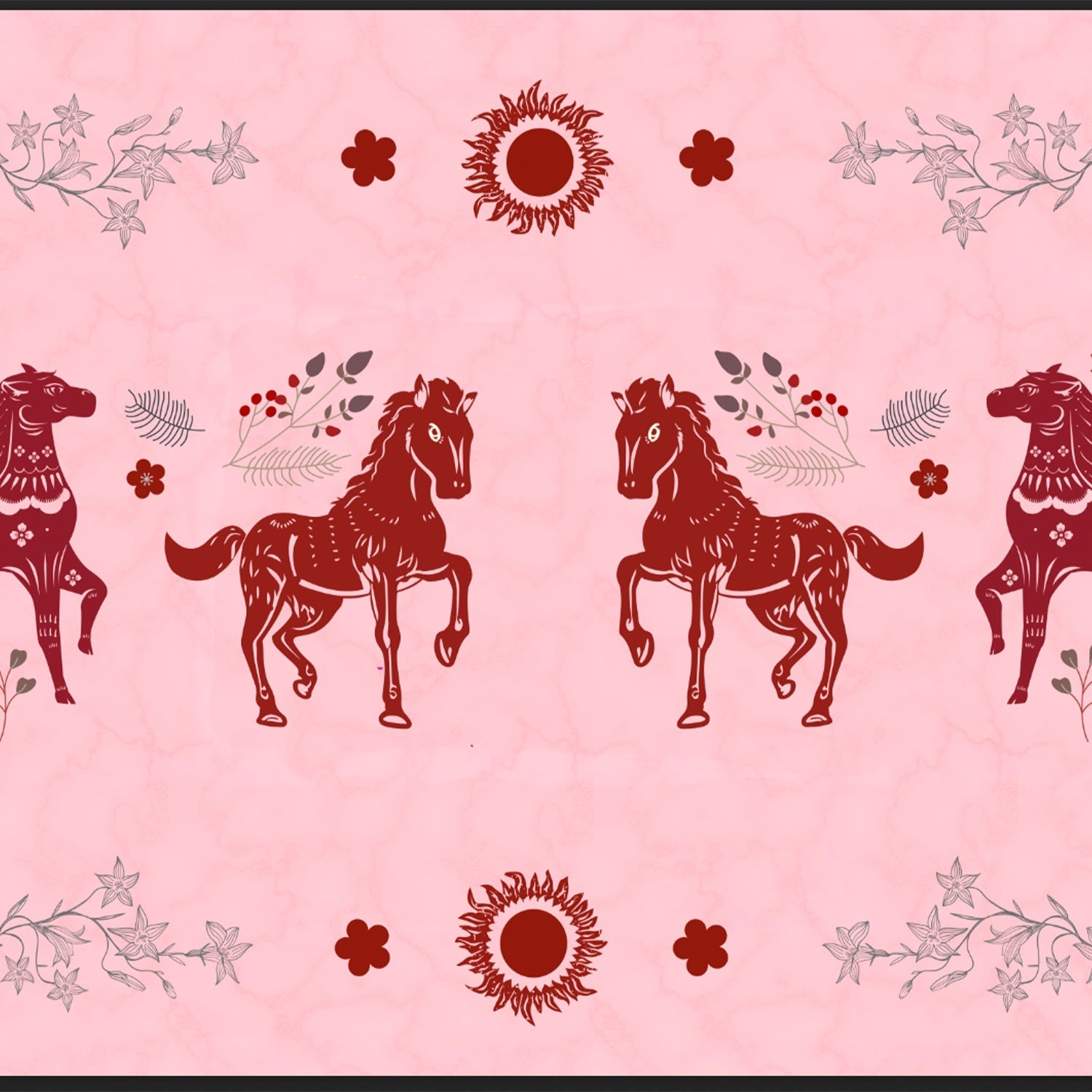 Symmetrical red horse silhouettes with decorative floral borders in traditional folk art style - view 9 - final