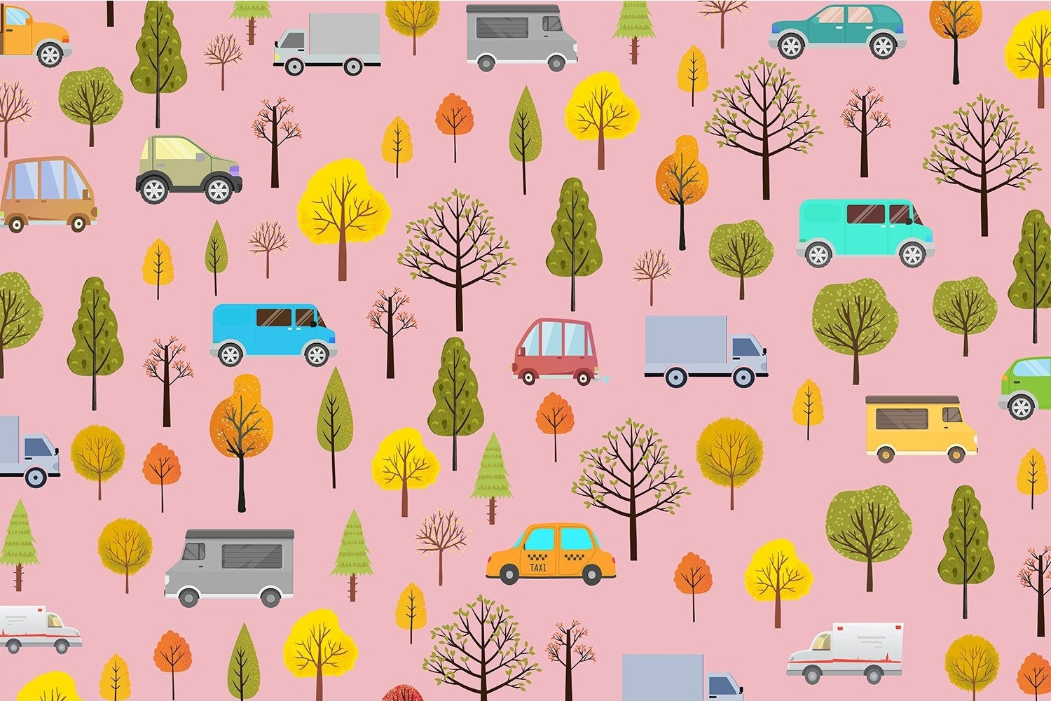 Whimsical cartoon cars and seasonal trees scattered on mint green background in repeating pattern - view 10 - mural-inequal - final