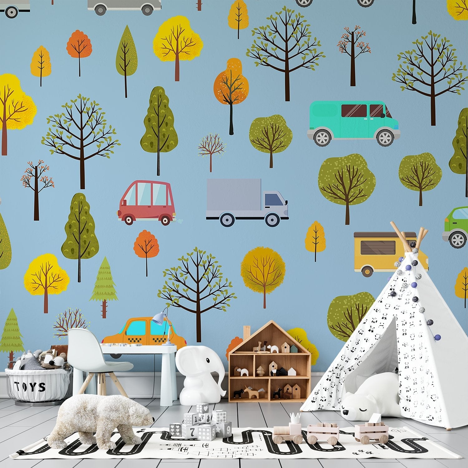 Whimsical cartoon cars and seasonal trees scattered on mint green background in repeating pattern - view 11 - final