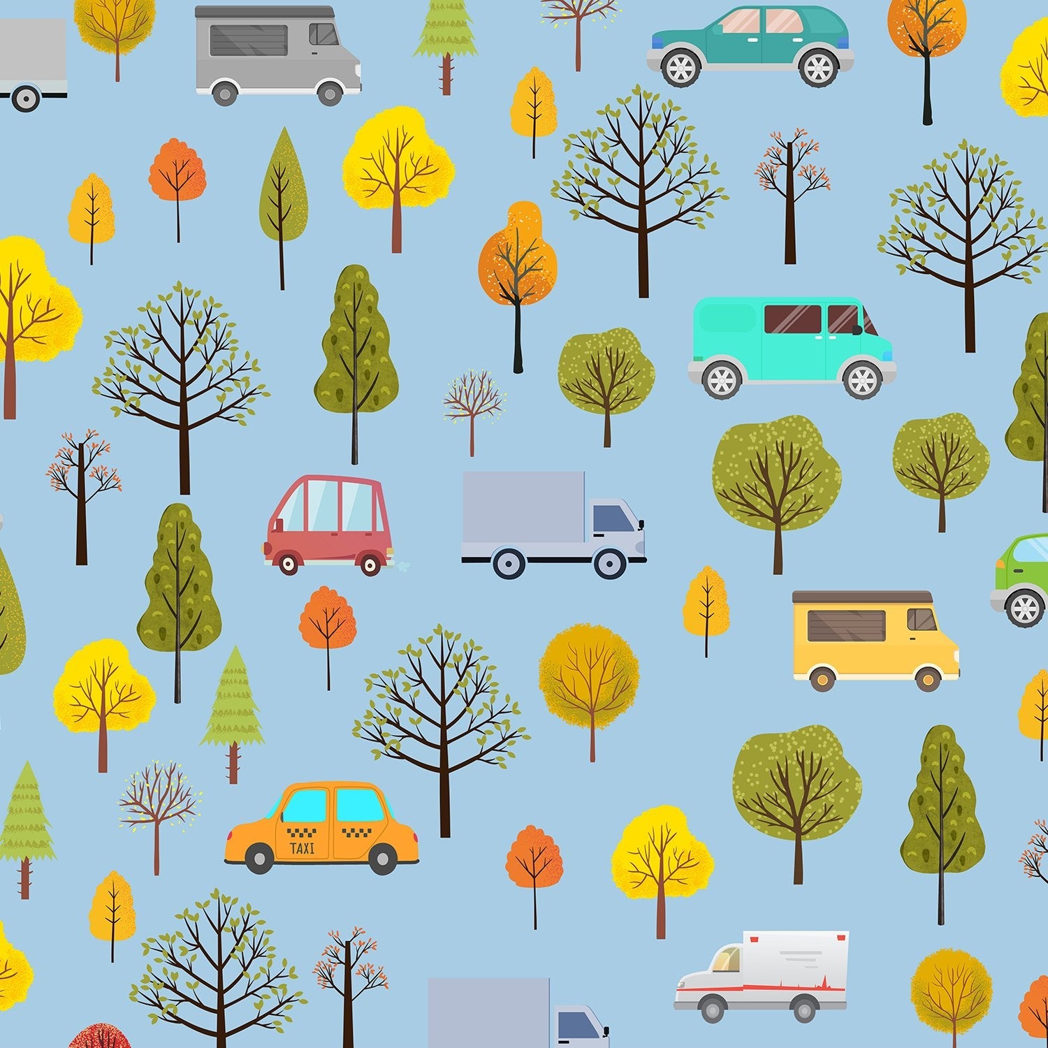 Whimsical cartoon cars and seasonal trees scattered on mint green background in repeating pattern - view 12 - final