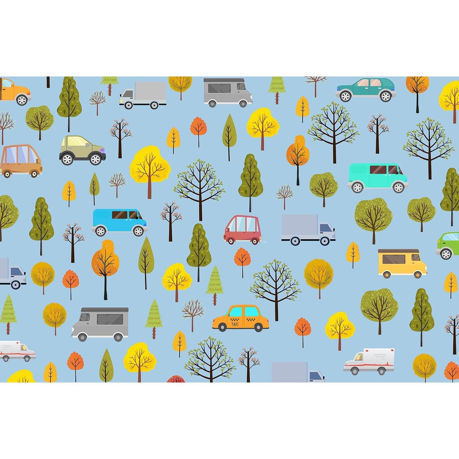 Whimsical cartoon cars and seasonal trees scattered on mint green background in repeating pattern - view 13 - mural-equal - final