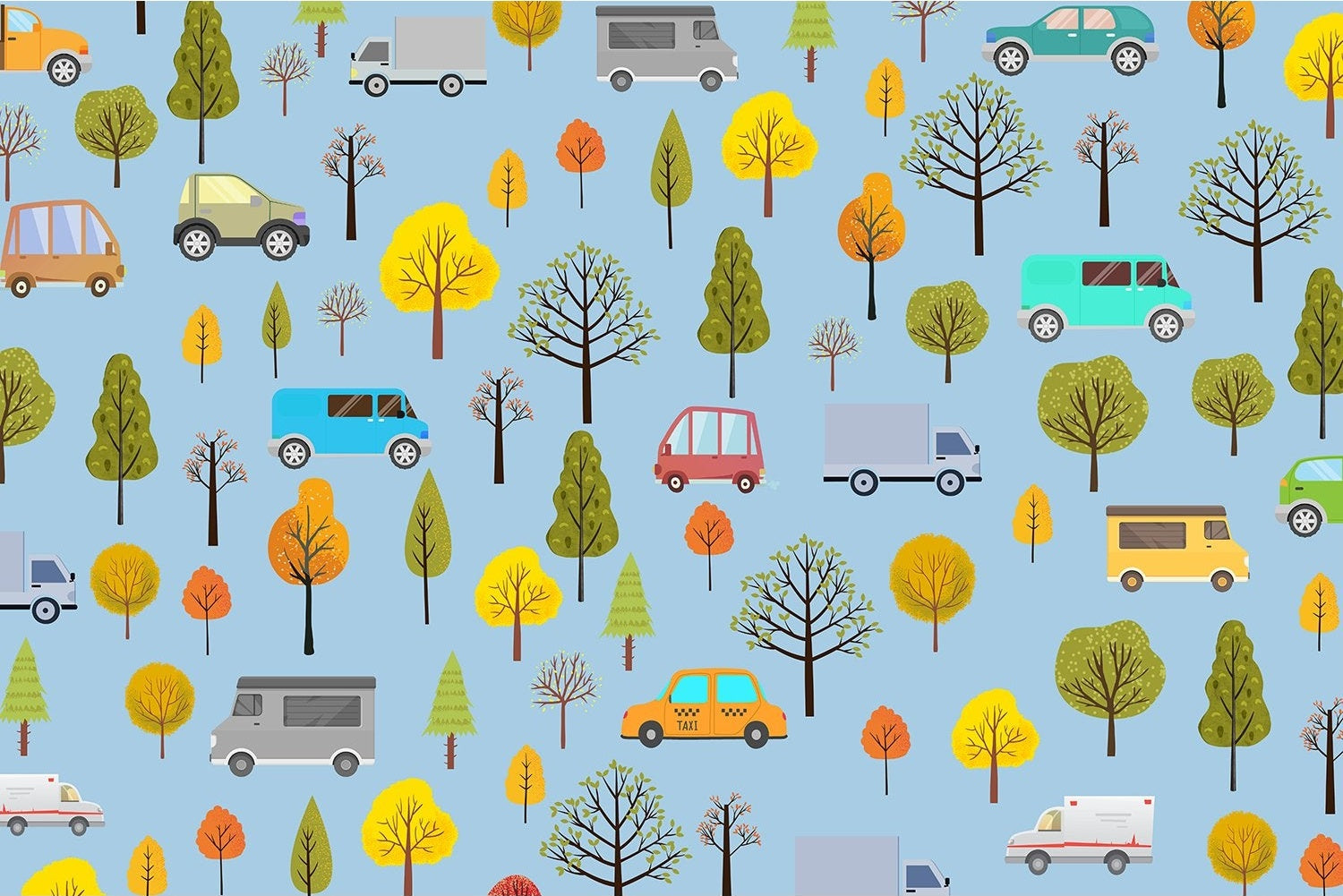 Whimsical cartoon cars and seasonal trees scattered on mint green background in repeating pattern - view 14 - mural-inequal - final