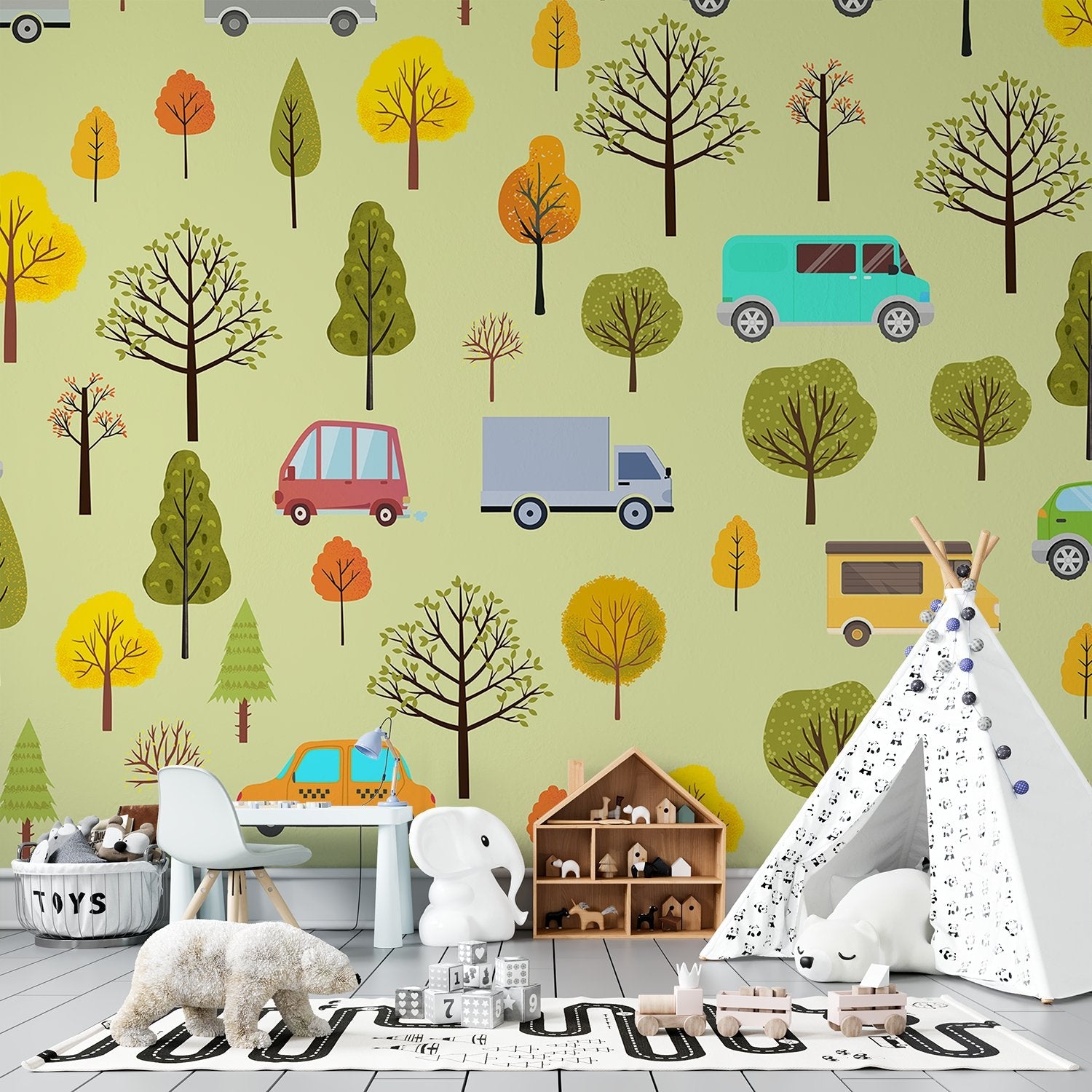 Whimsical cartoon cars and seasonal trees scattered on mint green background in repeating pattern - view 15 - final