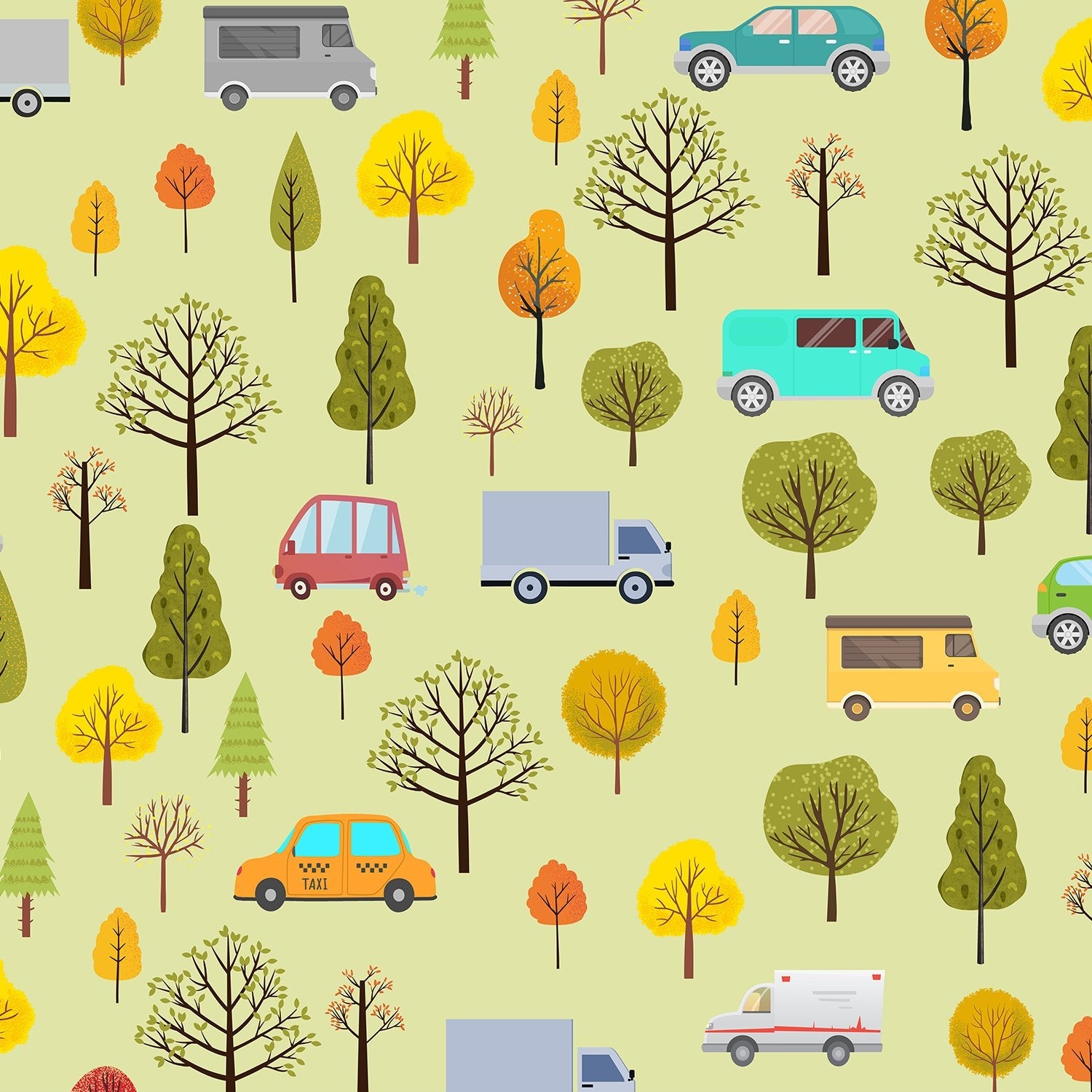 Whimsical cartoon cars and seasonal trees scattered on mint green background in repeating pattern - view 16 - final