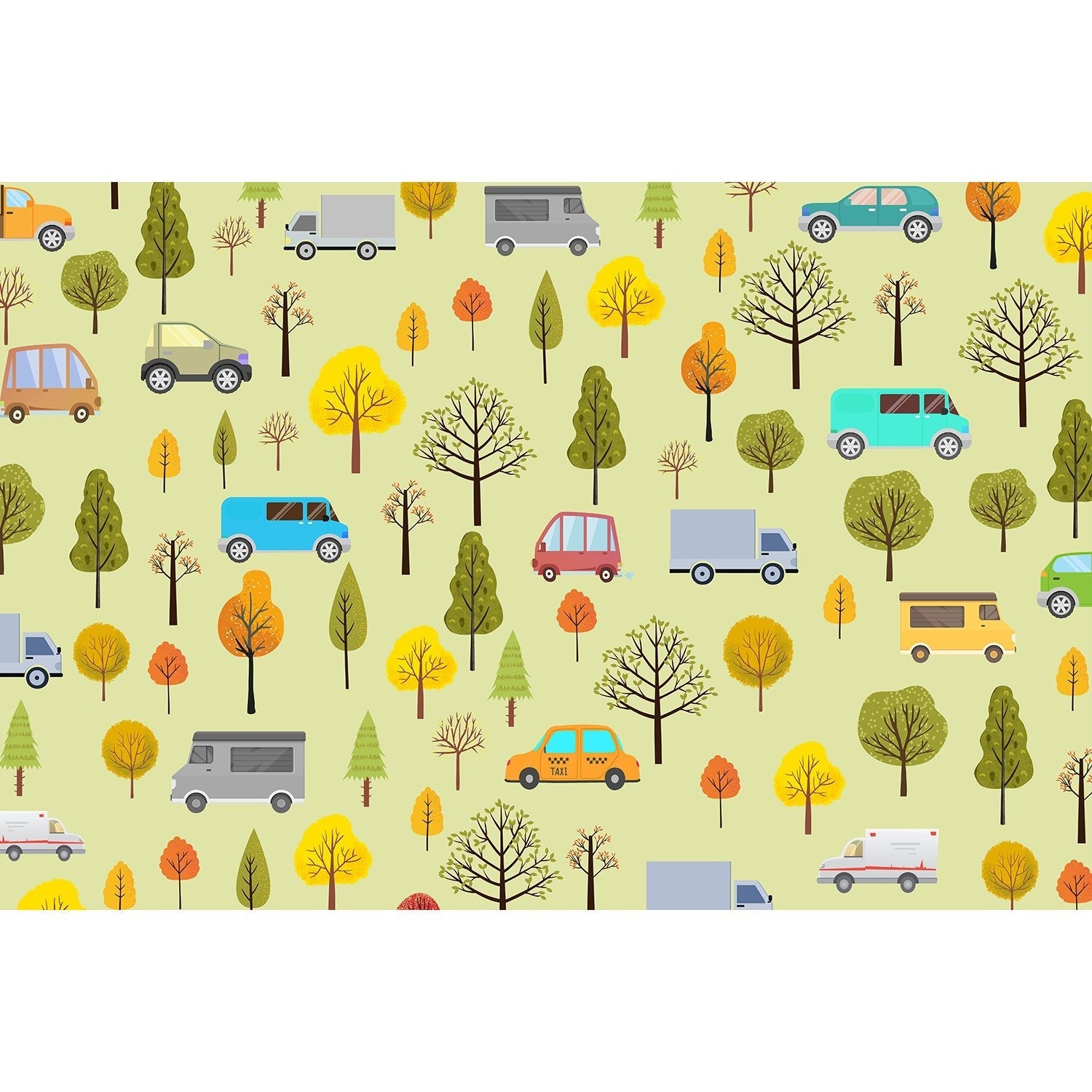 Whimsical cartoon cars and seasonal trees scattered on mint green background in repeating pattern - view 17 - mural-equal - final