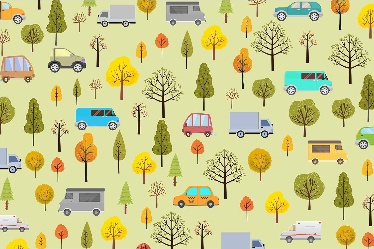 Whimsical cartoon cars and seasonal trees scattered on mint green background in repeating pattern - view 18 - mural-inequal - final