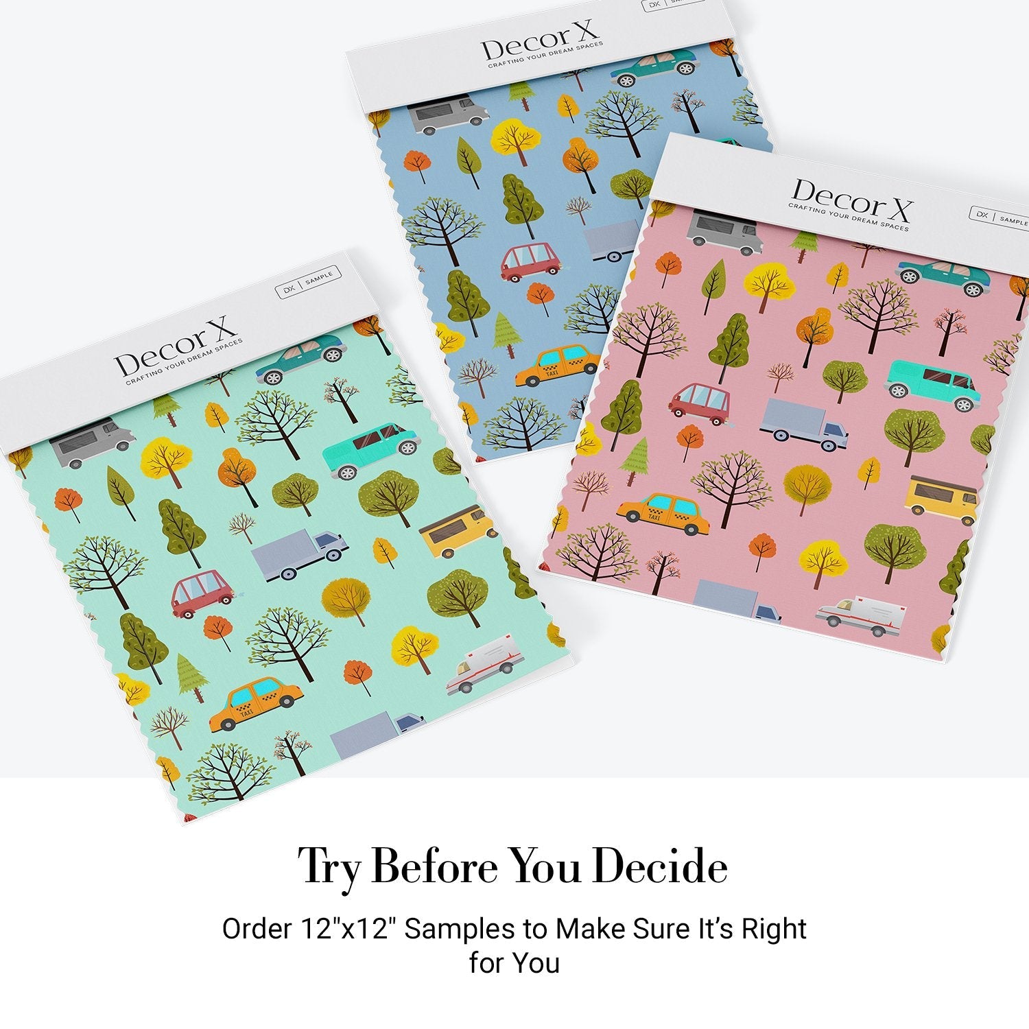 Whimsical cartoon cars and seasonal trees scattered on mint green background in repeating pattern - view 19 - final all-groups samples