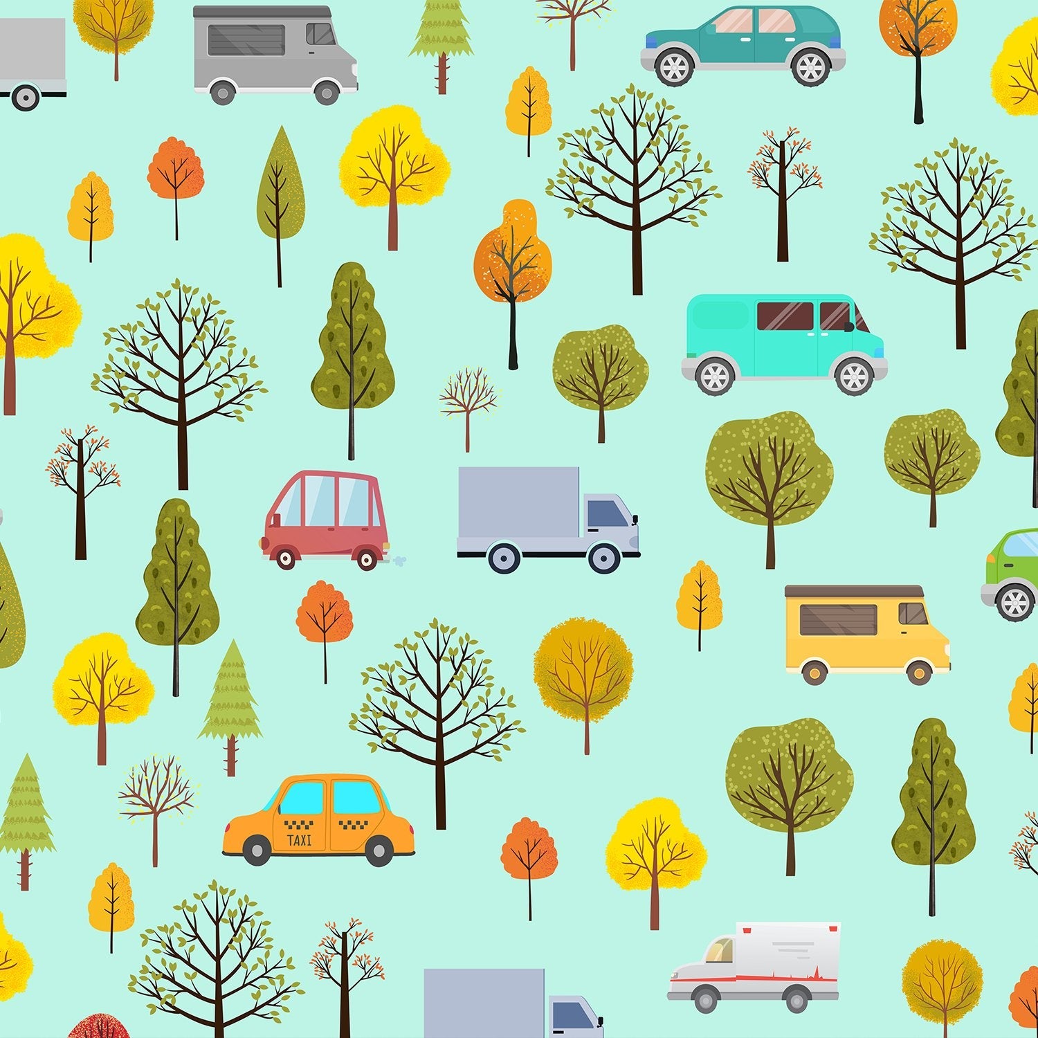 Whimsical cartoon cars and seasonal trees scattered on mint green background in repeating pattern - view 2 - final