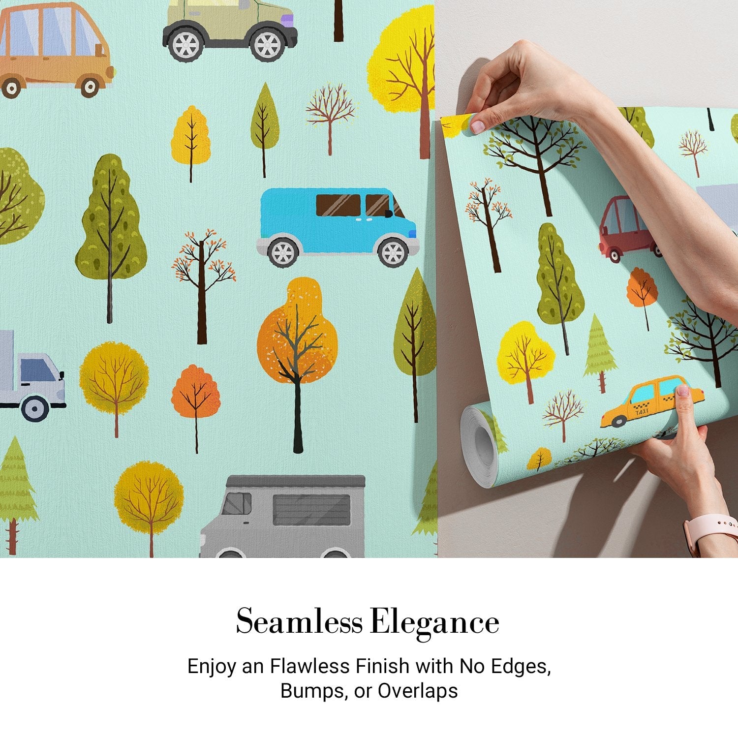 Whimsical cartoon cars and seasonal trees scattered on mint green background in repeating pattern - view 3 - final