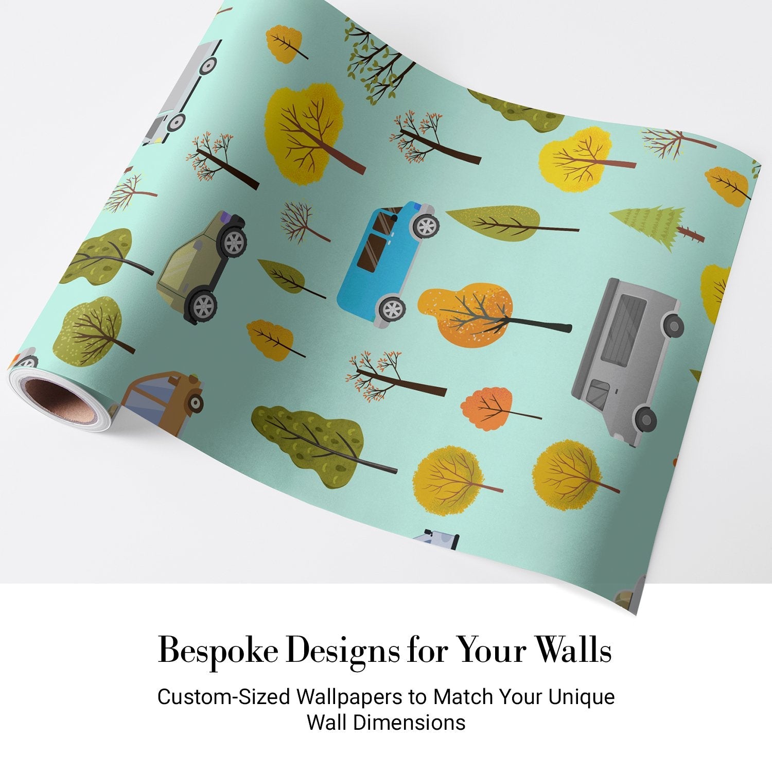 Whimsical cartoon cars and seasonal trees scattered on mint green background in repeating pattern - view 4 - final