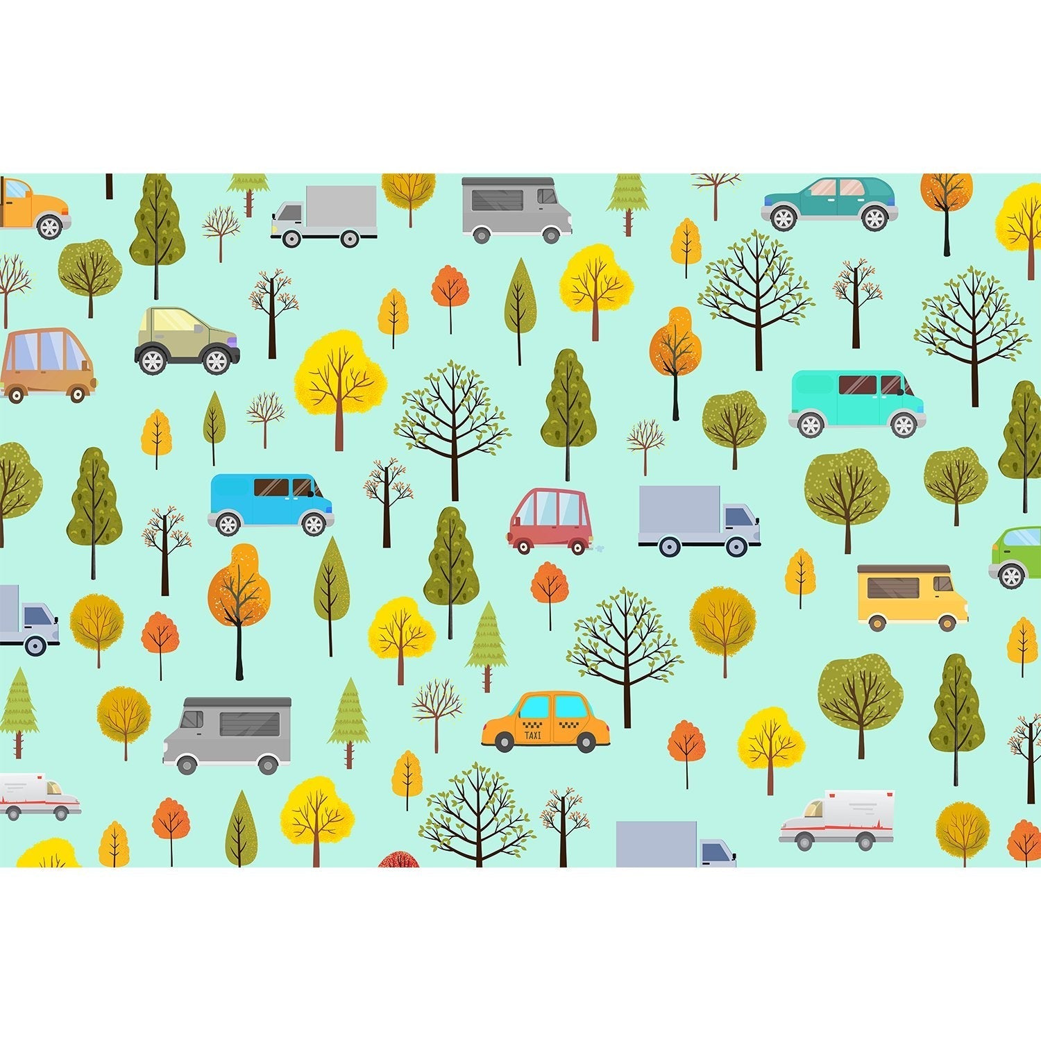 Whimsical cartoon cars and seasonal trees scattered on mint green background in repeating pattern - view 5 - mural-equal - final