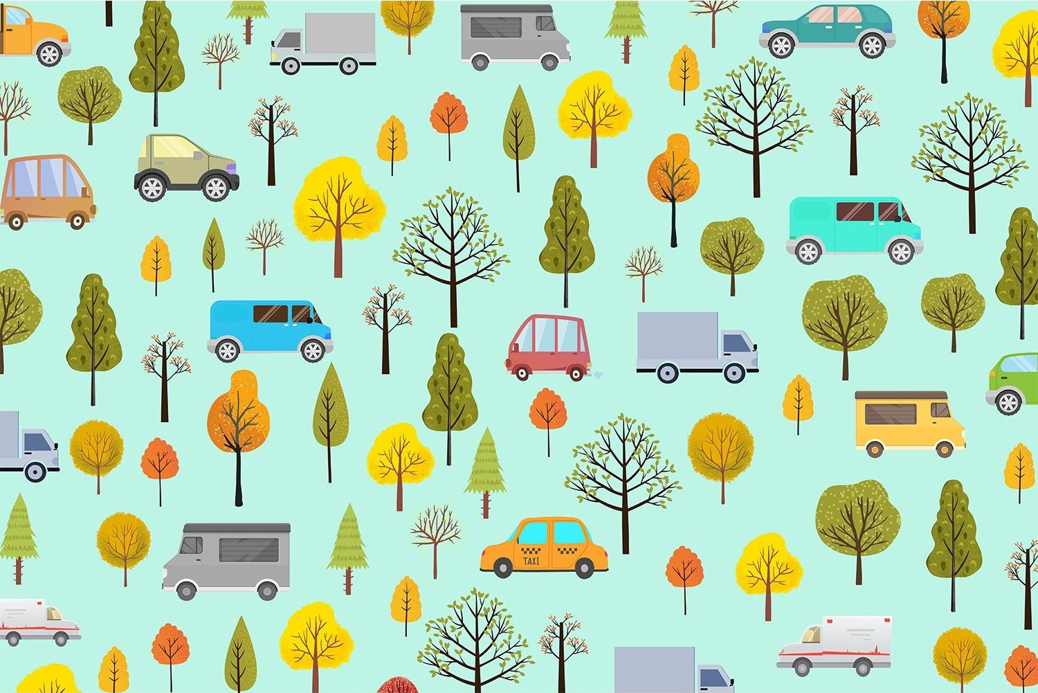 Whimsical cartoon cars and seasonal trees scattered on mint green background in repeating pattern - view 6 - mural-inequal - final