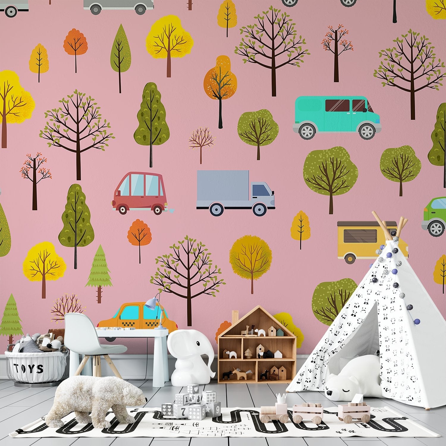 Whimsical cartoon cars and seasonal trees scattered on mint green background in repeating pattern - view 7 - final