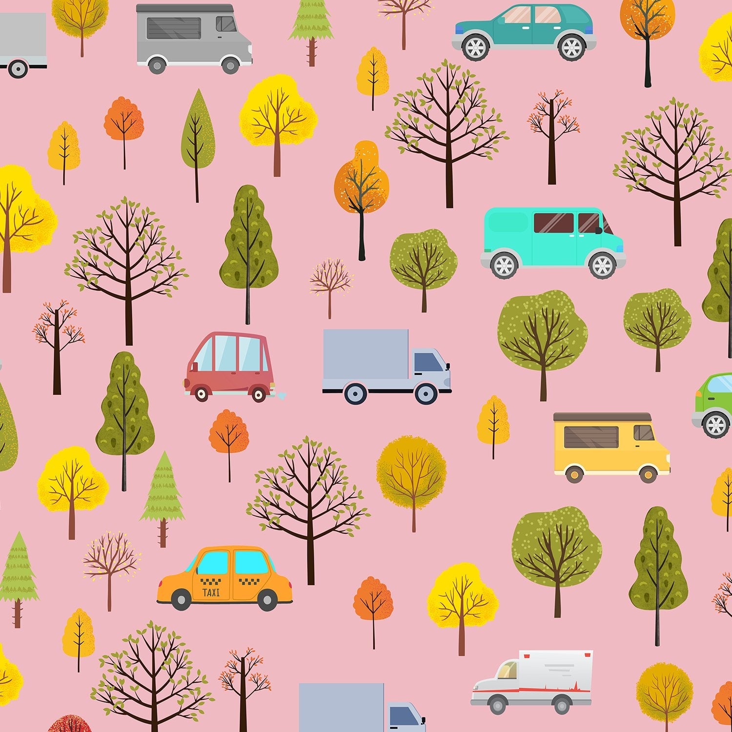 Whimsical cartoon cars and seasonal trees scattered on mint green background in repeating pattern - view 8 - final