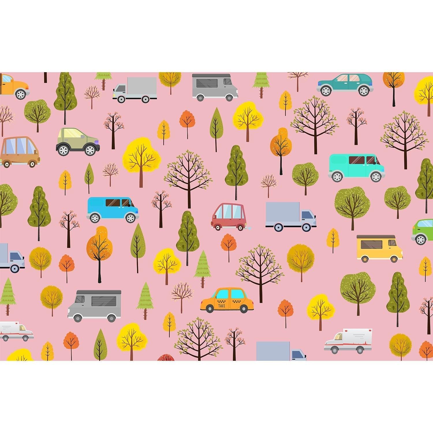 Whimsical cartoon cars and seasonal trees scattered on mint green background in repeating pattern - view 9 - mural-equal - final