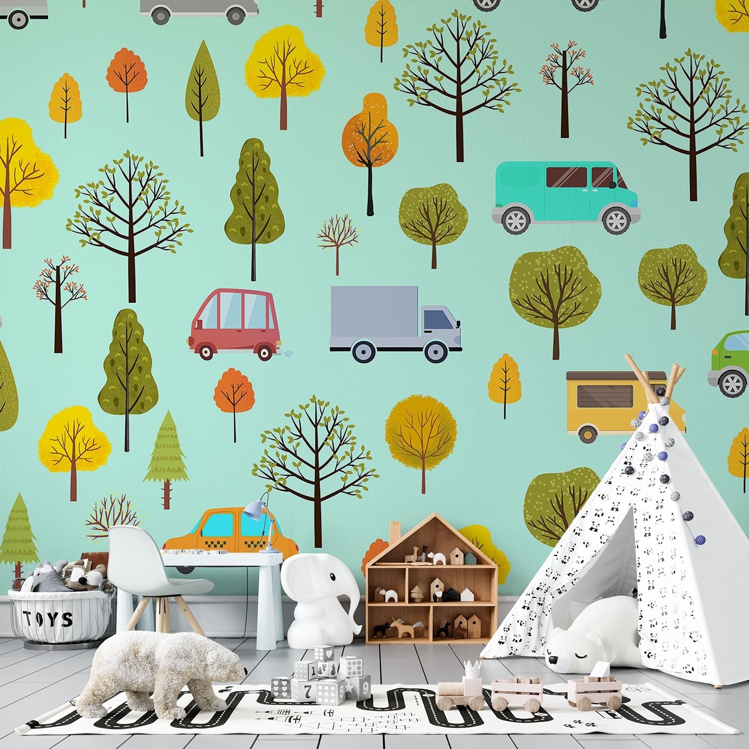 Whimsical cartoon cars and seasonal trees scattered on mint green background in repeating pattern - final kids-room