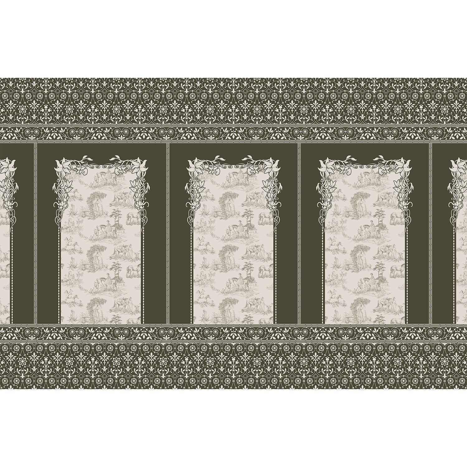 Classic French toile panels with ornate damask border in navy and white color scheme - view 11 - mural-equal - final