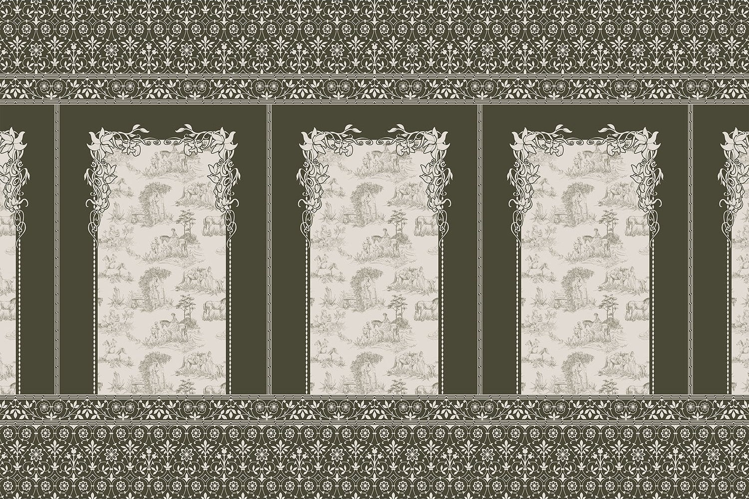 Classic French toile panels with ornate damask border in navy and white color scheme - view 12 - mural-inequal - final