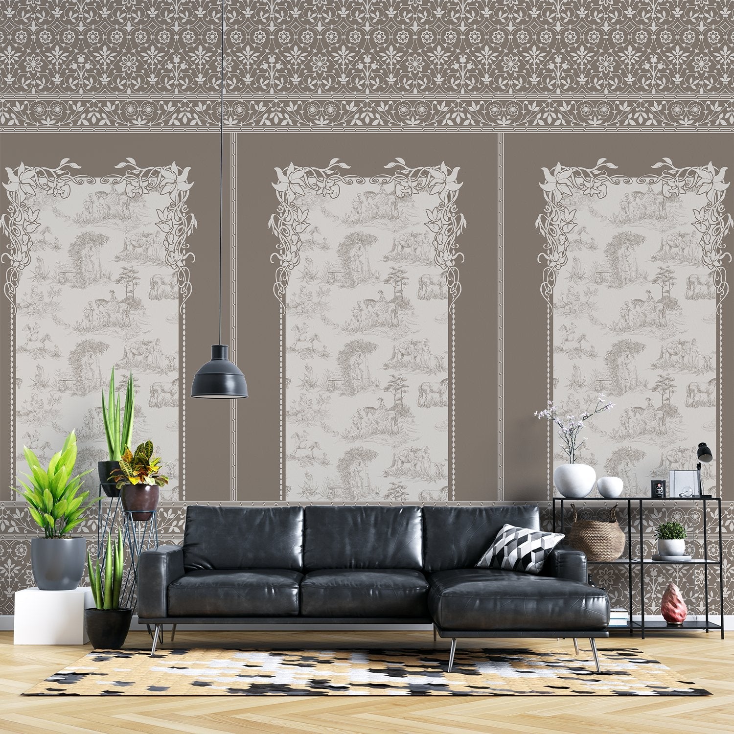 Classic French toile panels with ornate damask border in navy and white color scheme - view 13 - final living-room