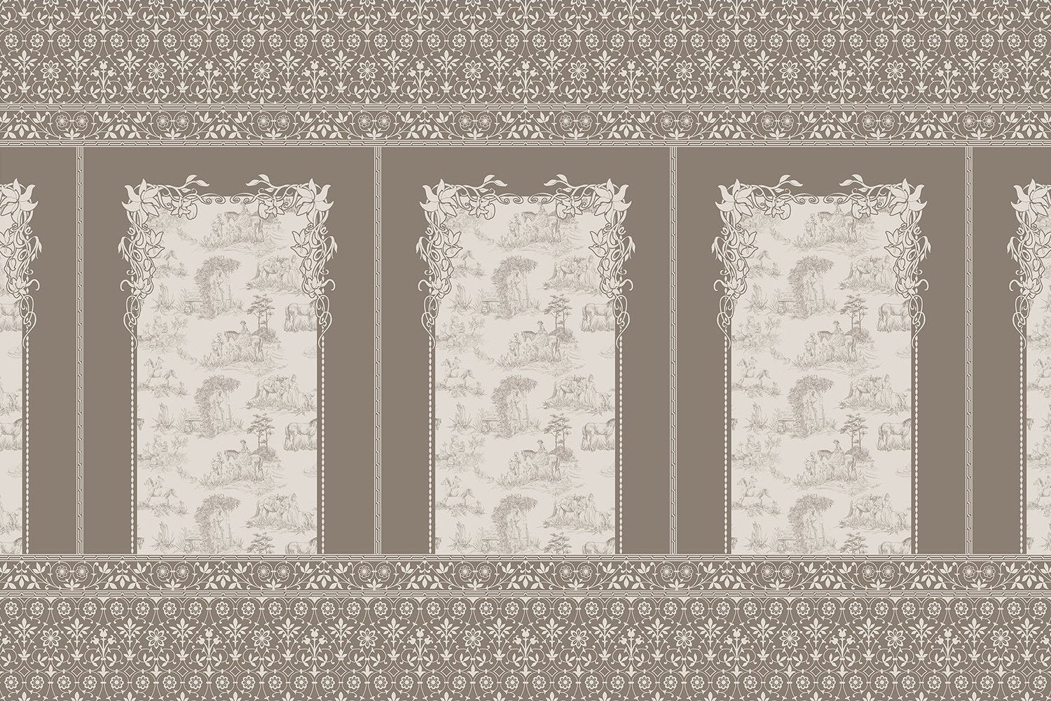 Classic French toile panels with ornate damask border in navy and white color scheme - view 15 - mural-inequal - final