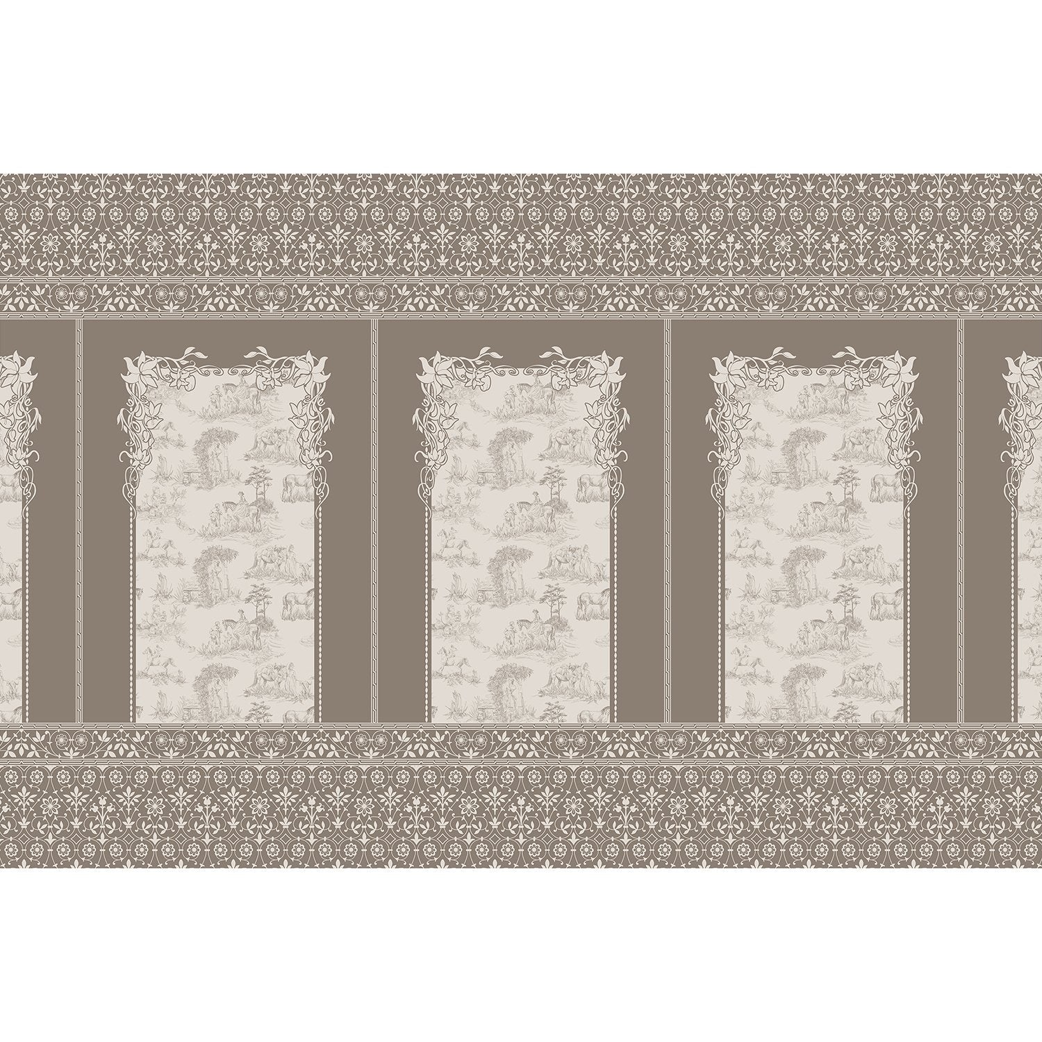 Classic French toile panels with ornate damask border in navy and white color scheme - view 16 - mural-equal - final