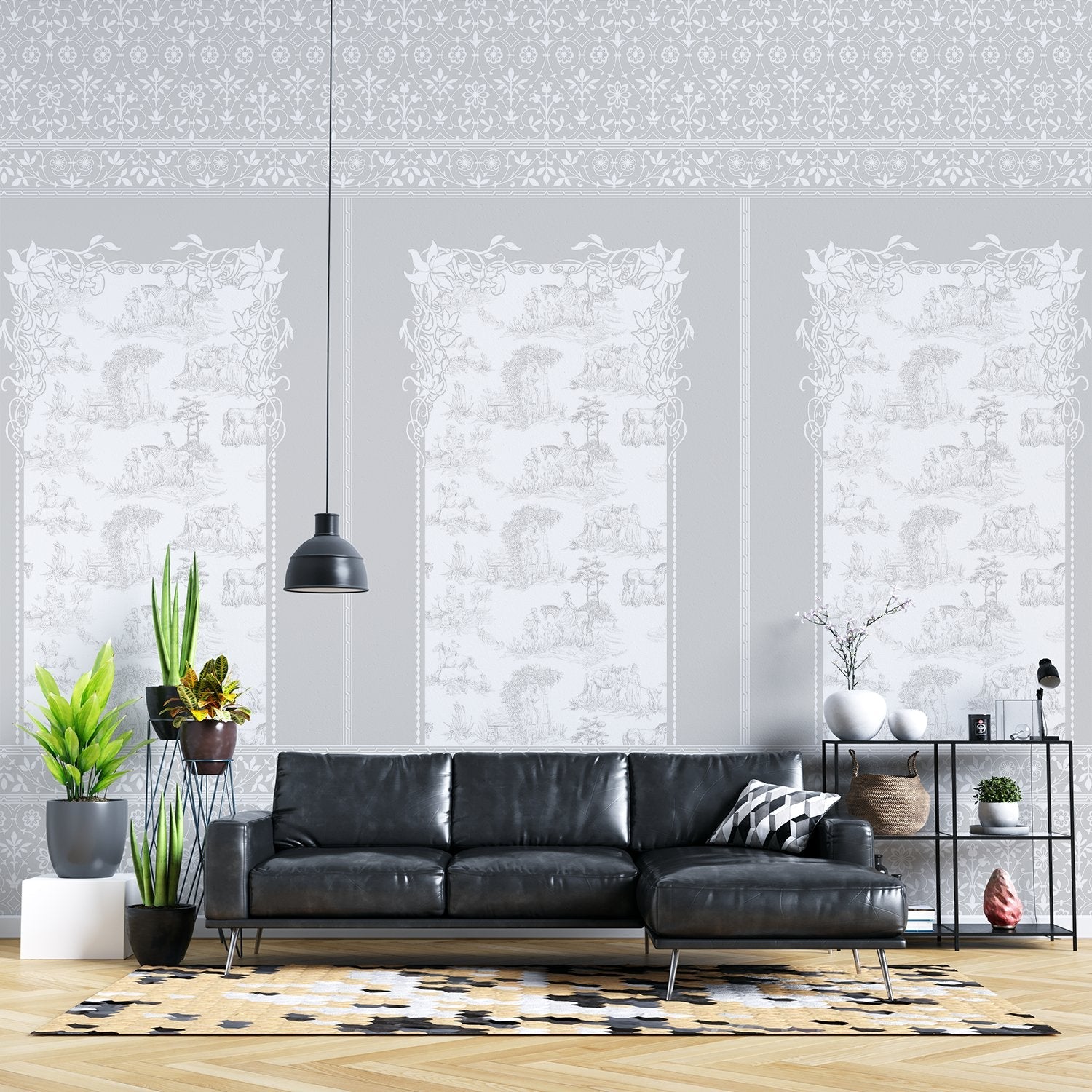 Classic French toile panels with ornate damask border in navy and white color scheme - view 17 - final living-room