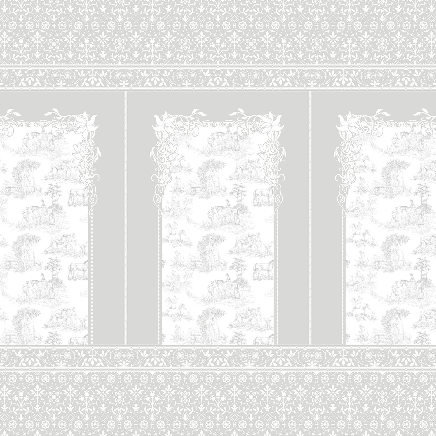 Classic French toile panels with ornate damask border in navy and white color scheme - view 18 - final